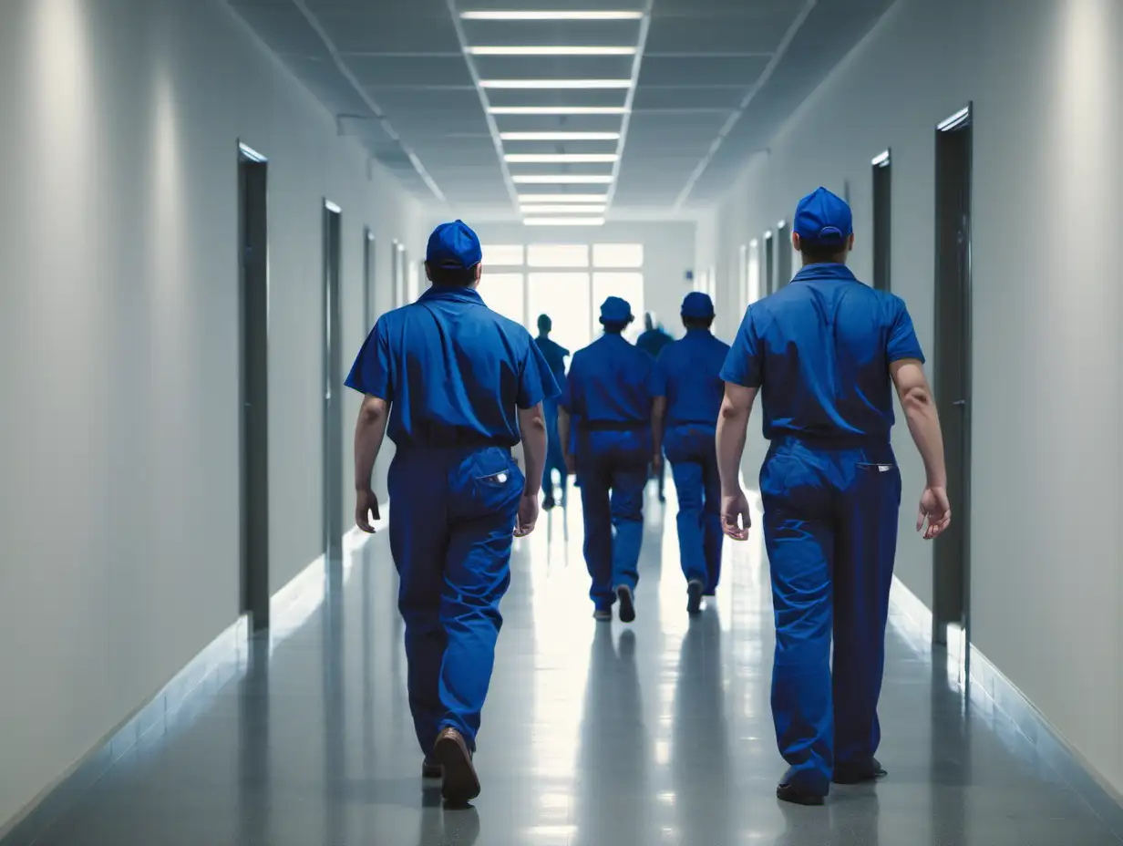 people wearing blu working cloths walking in wide corridor