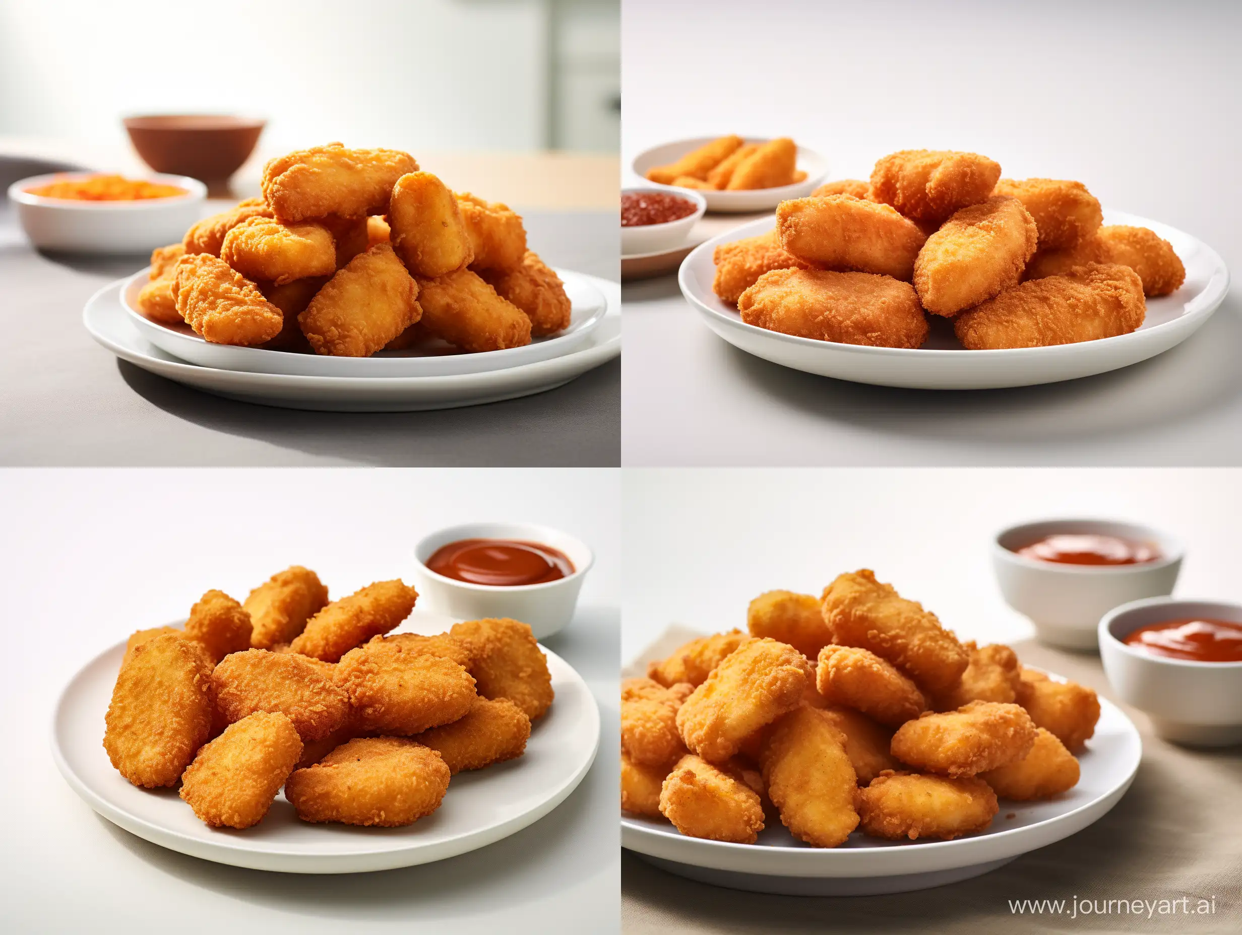 A closeup marketing photo of 8 crispy nuggets in breadcrumbs  on a white plate, front view, white background, studio shot with a Canon DSLR and 105mm f/2.8G IF-ED VR Micro lens, photorealistic, ground-level shot, natural light, depth of field, macro landscape photograph — q 0.5 — s 250