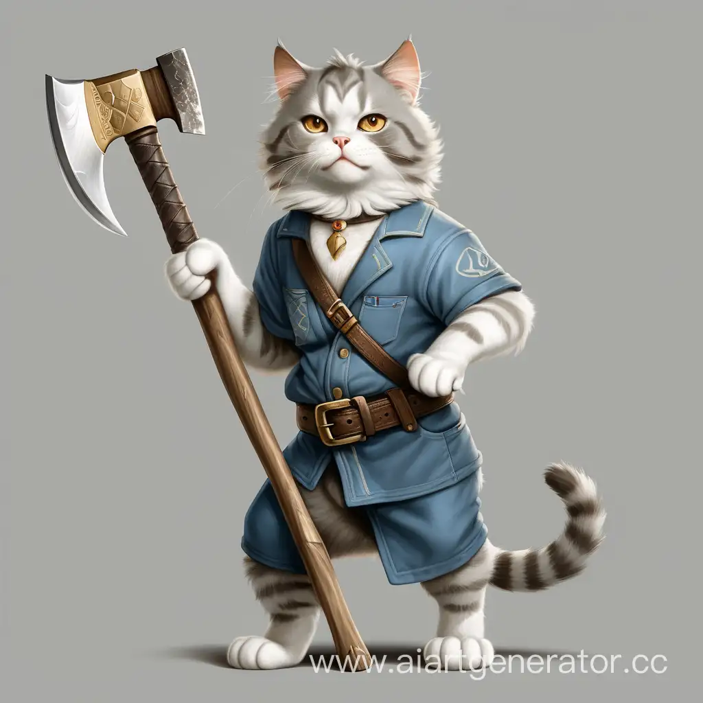 Graceful-GrayBlue-Cat-Stands-Tall-with-Golden-Tooth-and-Axe