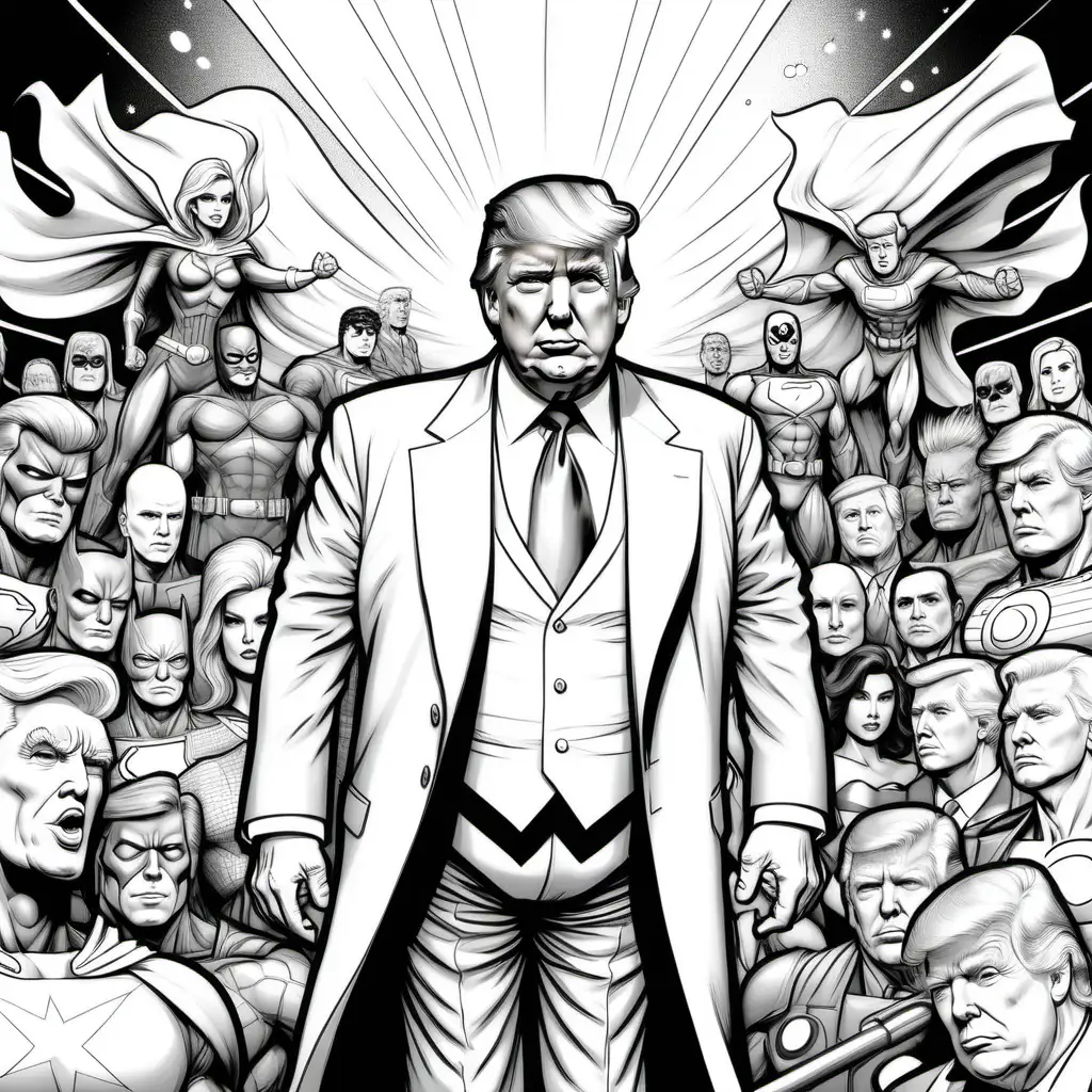 Donald Trump Superhero Coloring Book Illustration Featuring Patriotic Action Scenes and Bold Colors