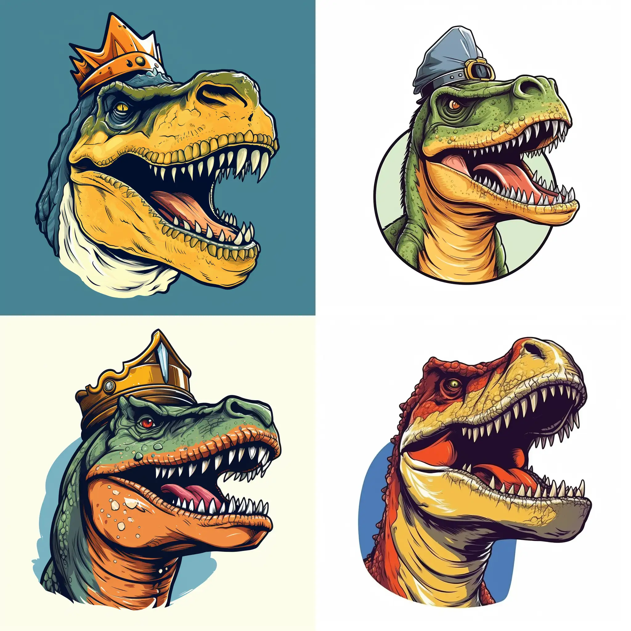 Profile portrait of a sweet kind fat tyrannosaurus smiling, crown on his head, comic book style, caricature, graphic design style for websites, complex colors, on a white background