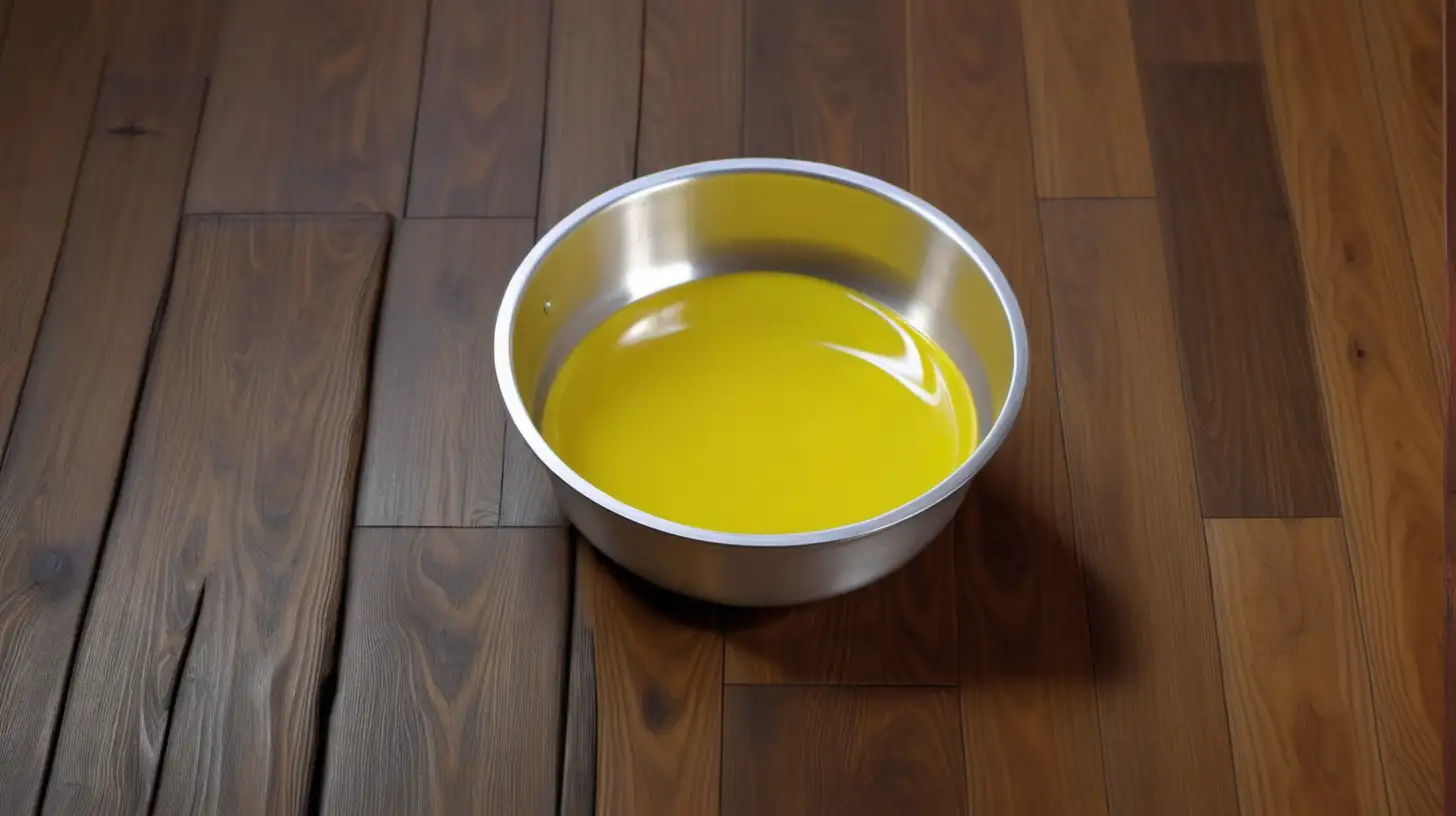 aluminum bowl with yellow liquid on wood floor
