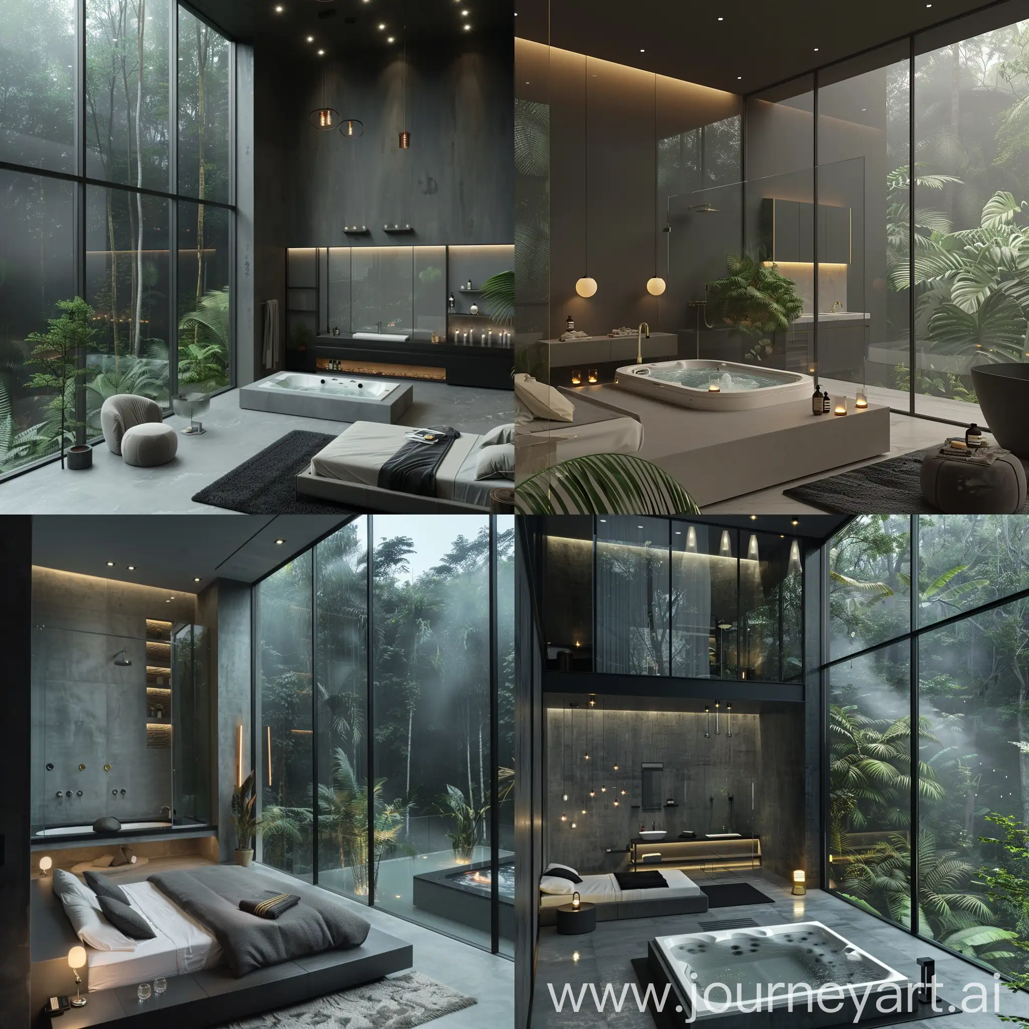 A modern minimalist gray black cream bedroom with modern decorations and soft lighting, glass bathroom and Jacuzzi, a tall window wall, in a misty tropical forest, real photo