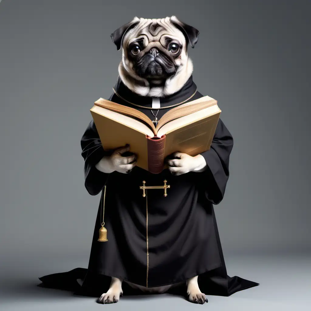 реалистичная добрая собака монах мопс мужского пола две ноги в рясе с книгой в лапах в полный рост