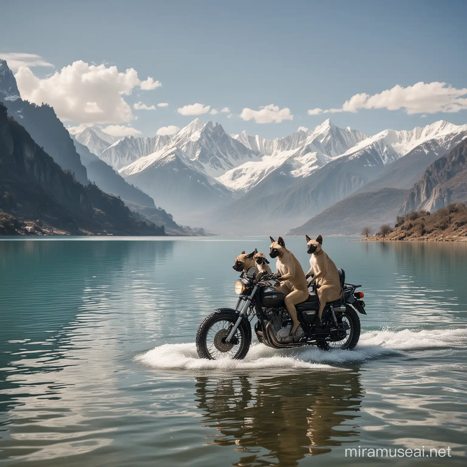 Siamese quadrupeds ride a motorcycle on the water surface, in the background a mountain with snow-capped peaks