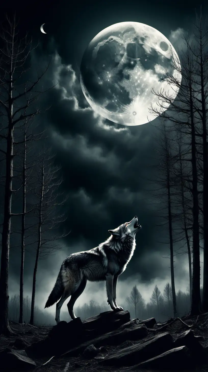 /imagine a wolf symbolizing Dark and motivation, trees in background, moon in the distance