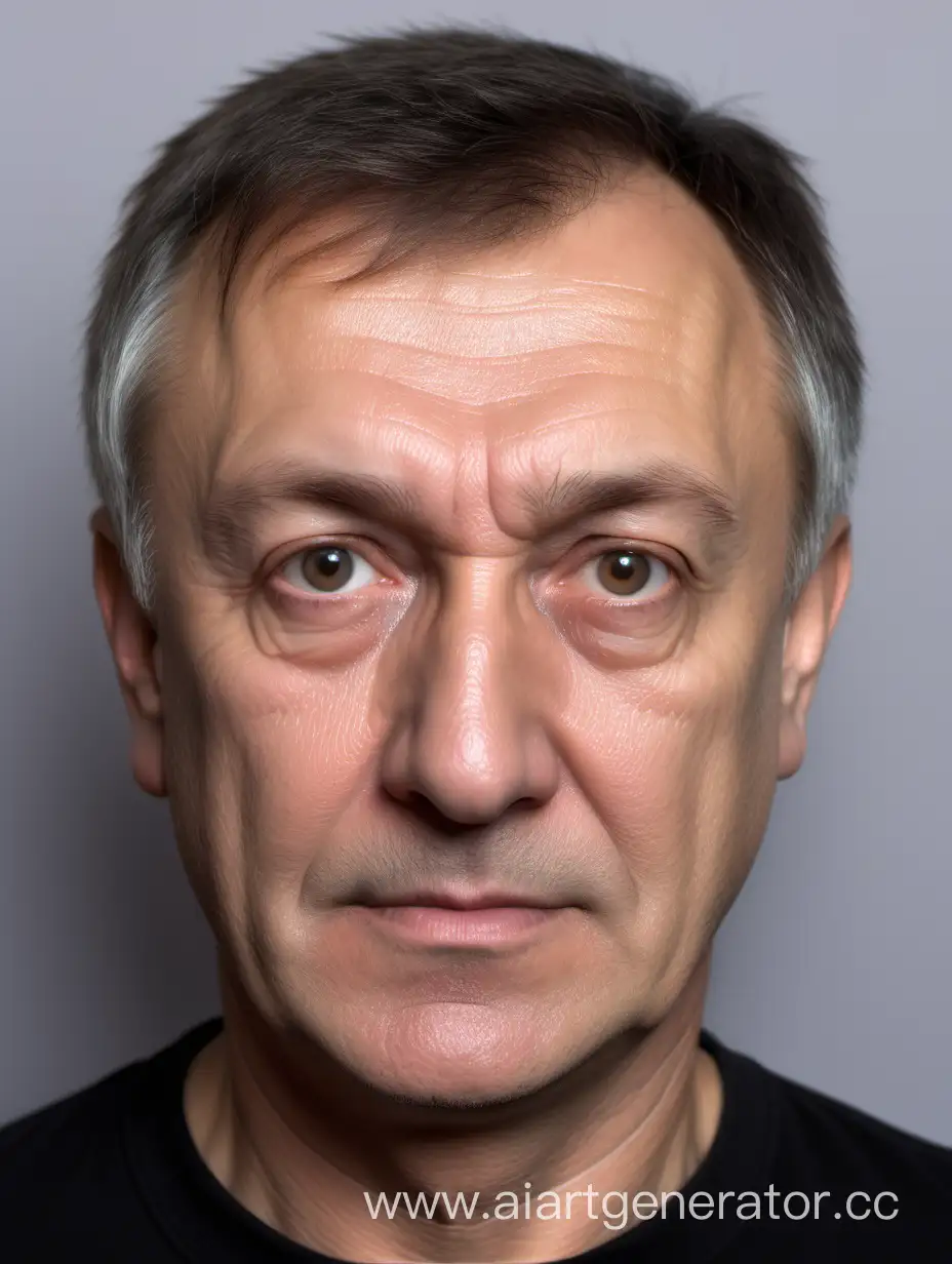 Русский мужчина 55 лет с короткими тёмными волосами в чёрной обтягивающий футболке (фото паспорт)