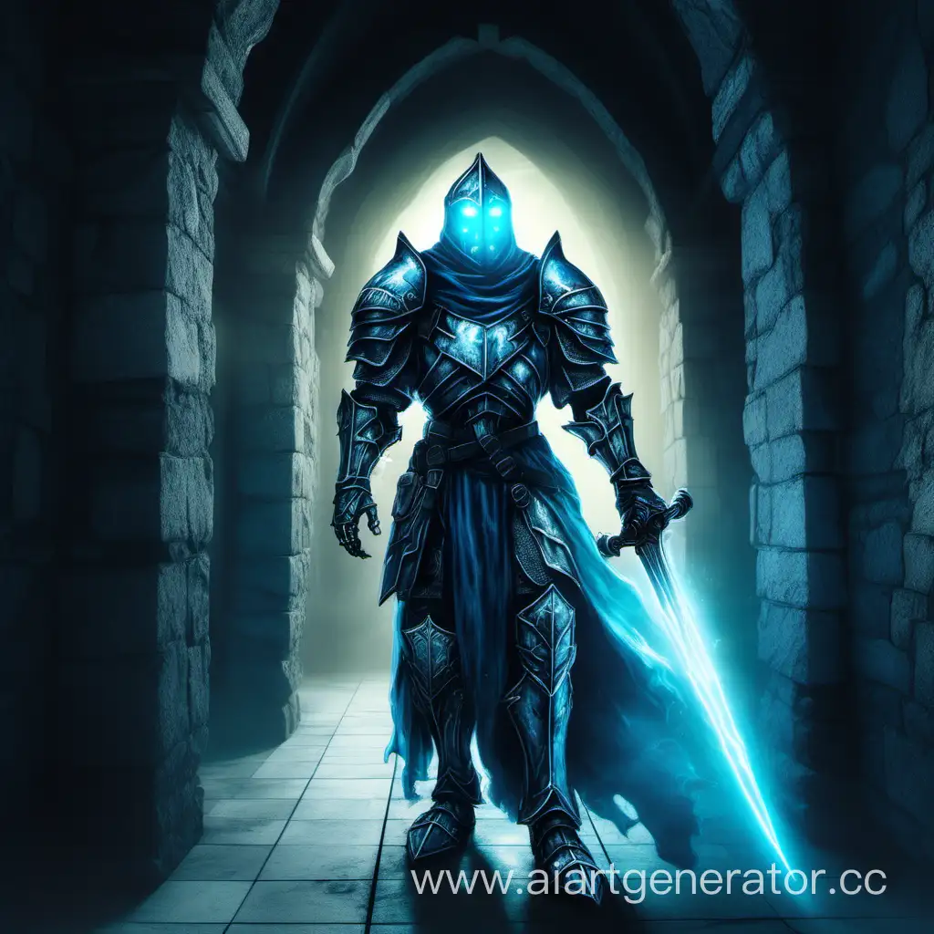 Мрачный рыцарь призрак патрулирует коридоры замка. Он светится голубым. Он призрак и одет в доспехи.
