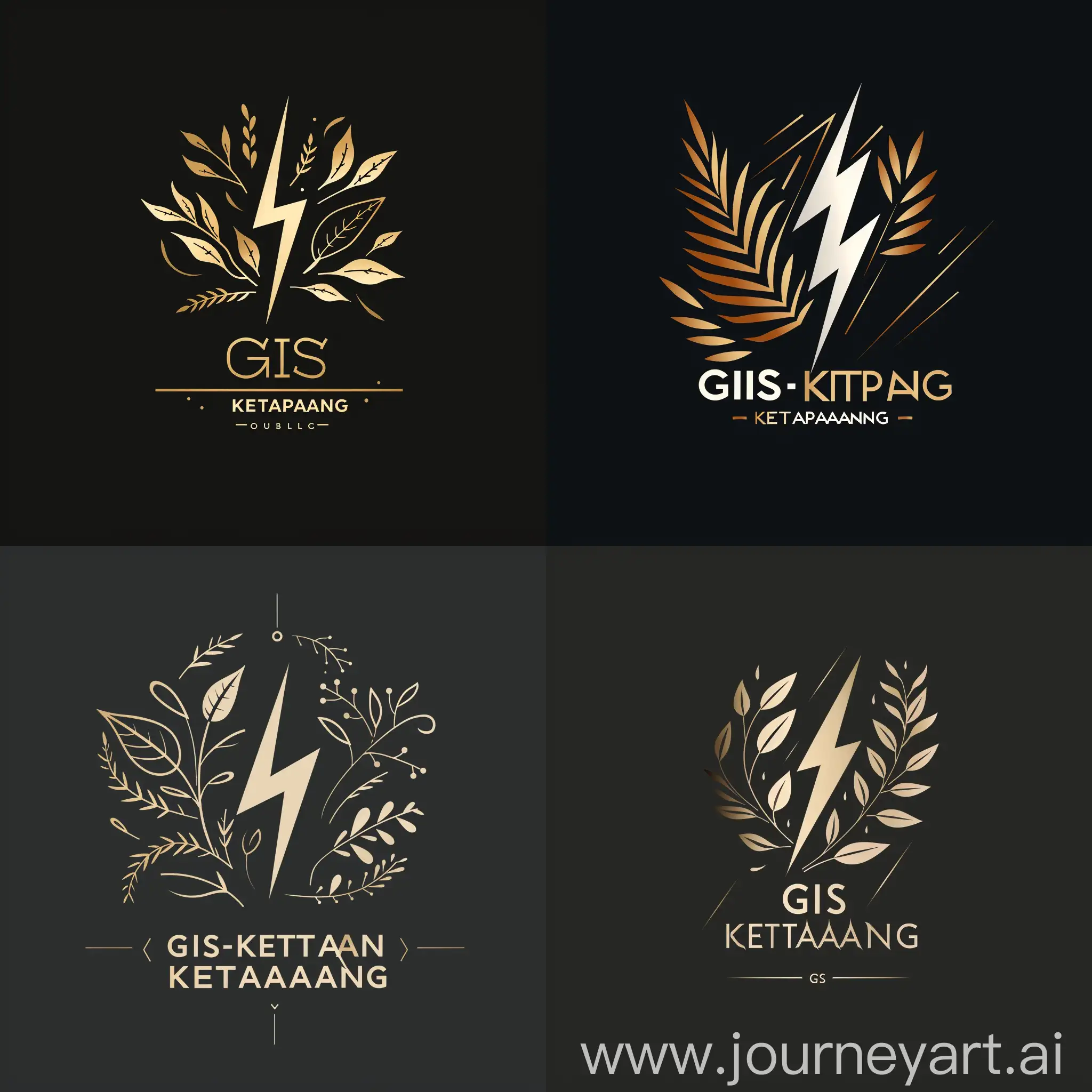 Generate a logo with clean lines and symbolic elements, seamlessly combining a lightning bolt, Ketapang tree leaves, and the text "GIS KETAPANG." Ensure that the logo exudes dynamic elegance while maintaining brand integrity and recognition. Strive for a design that is visually striking and exquisitely refined.