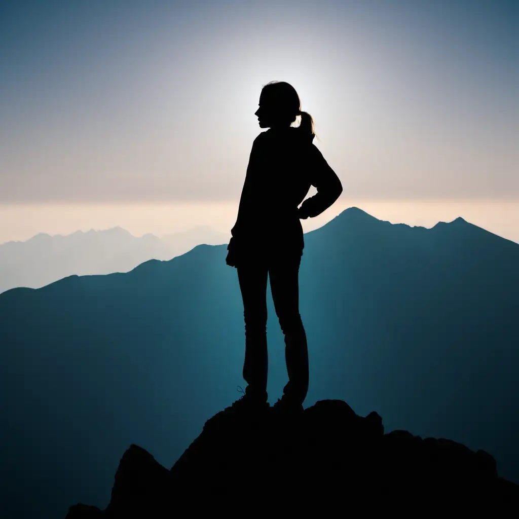 silhouette of a woman, standing on a mountain peak