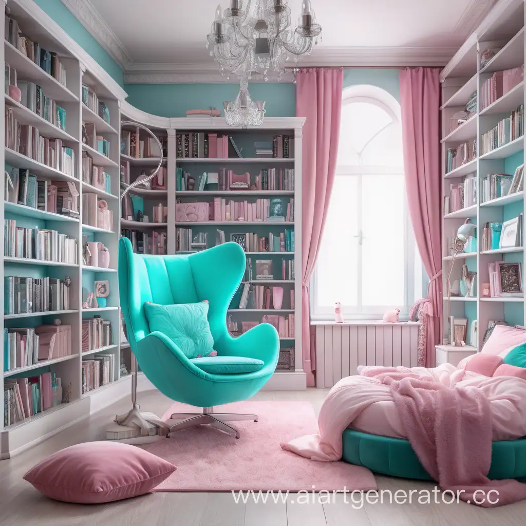 A large room is a bedroom for a teenage girl. A comfortable hanging turquoise armchair with a pink cushion, a large bed with pillows. A large bookcase with books and a piano
