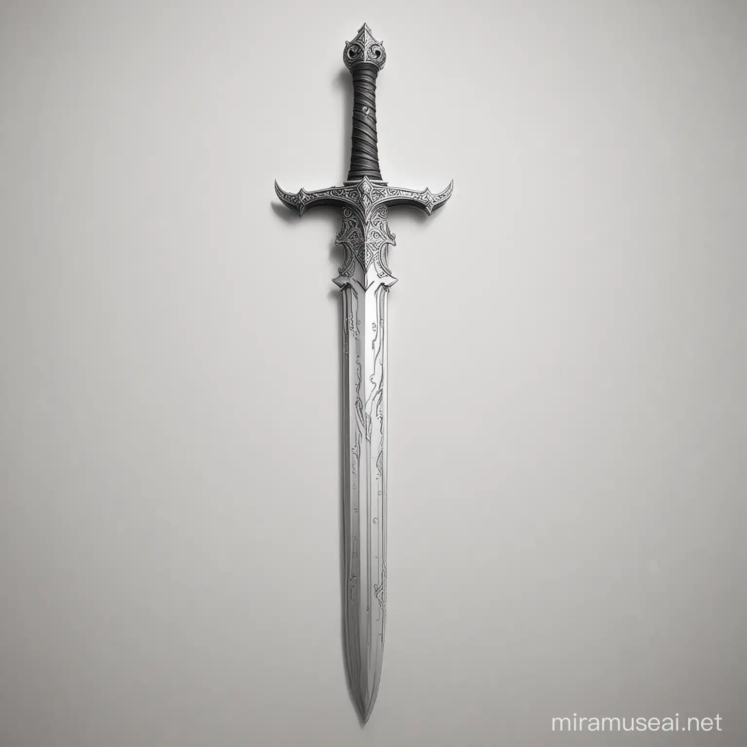 Create a sword sketch , No colors, White background, No shades, Background : FFFFFF