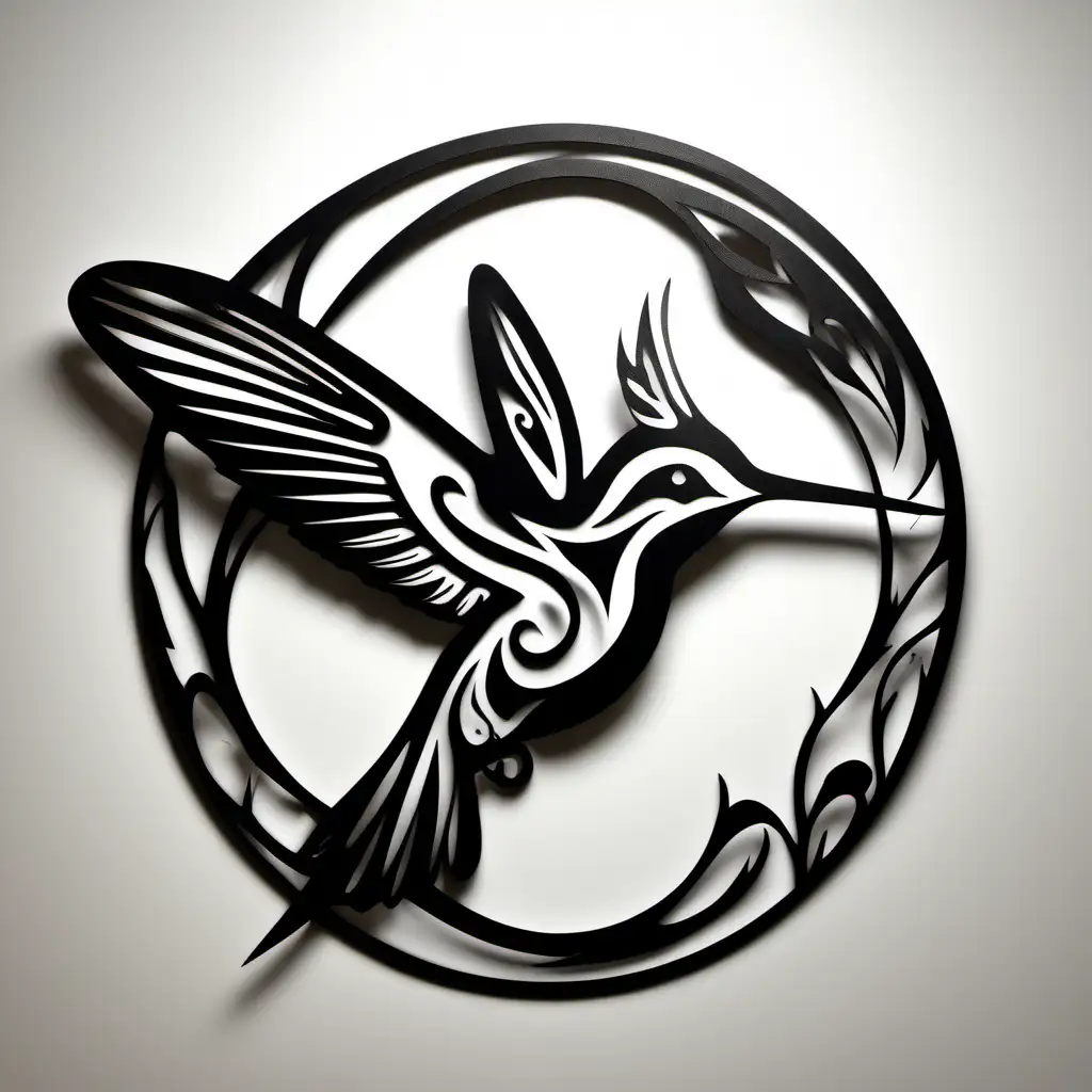 simple hummingbird, plasma cut steel, black and white, tribal, no shadow, 2 wings
