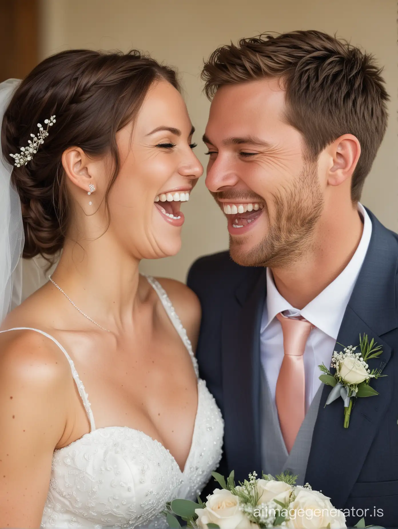 Happy bride and groom laughing together during the wedding

