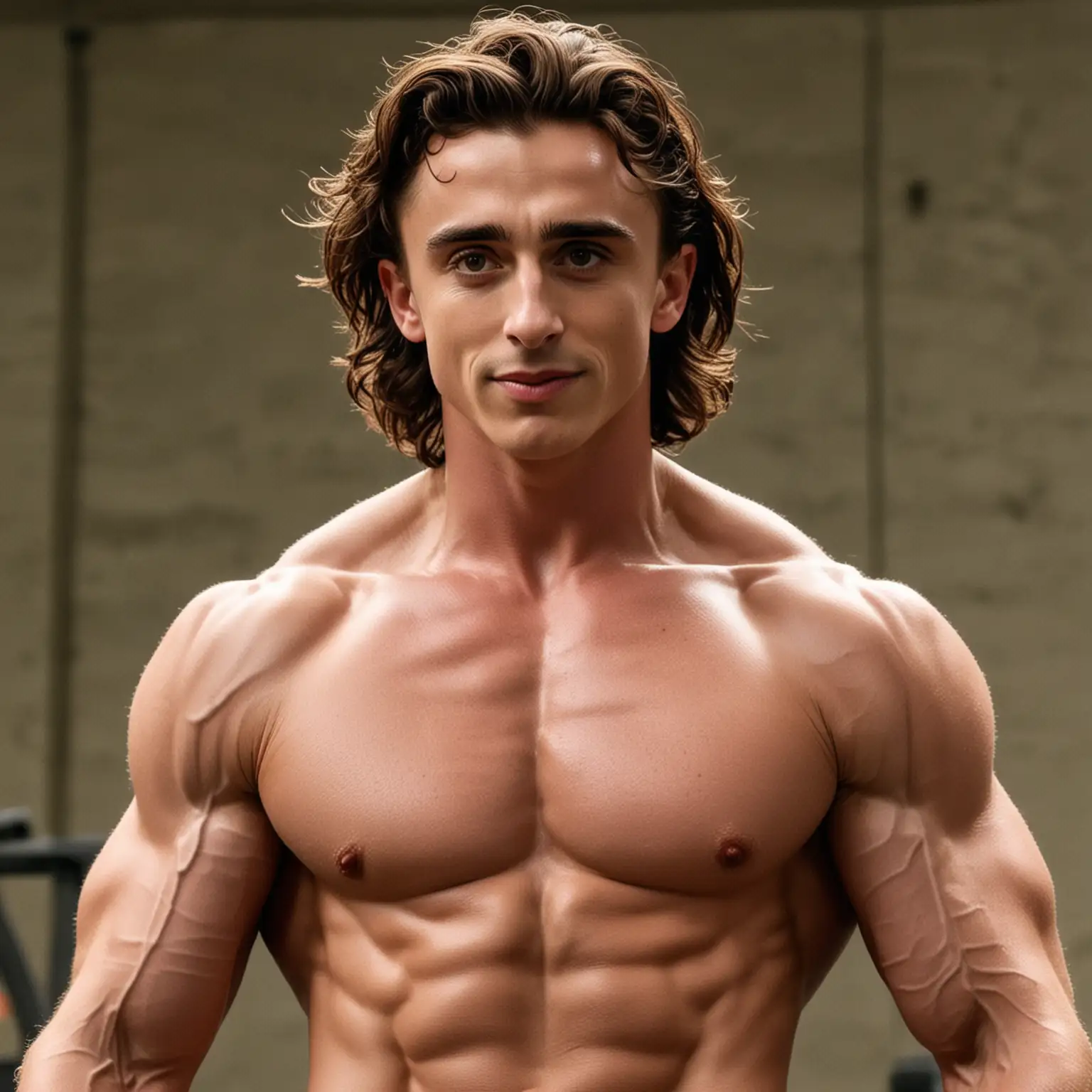 Timothee Chalamet with huge muscles like Arnold Schwarzenegger in a body building competition
