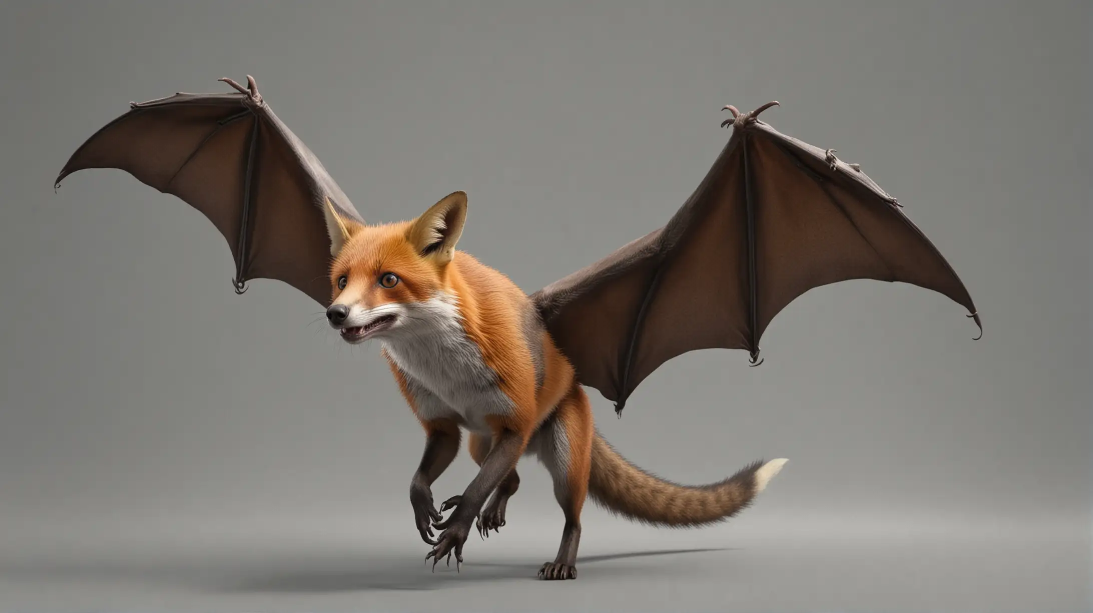 A fictional creature.
Solitary. A

fox

with the features of a

(fruit bat)
.
Full length view.
Highly detailed, 4k, hyper-realistic.
Isolated on a neutral gray background.