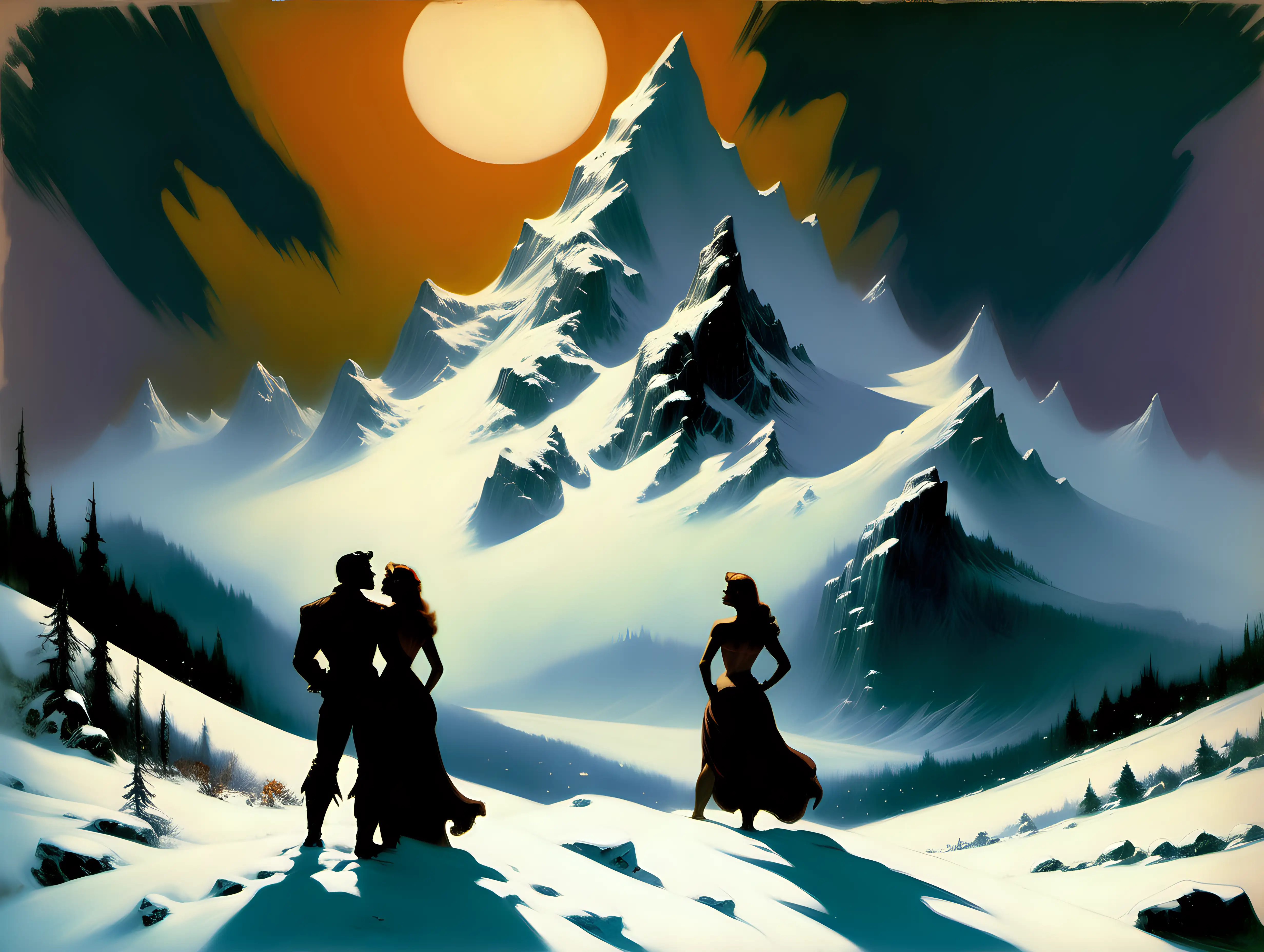 lovers looking at a snow capped mountain in style of romanticism by Frank Frazetta