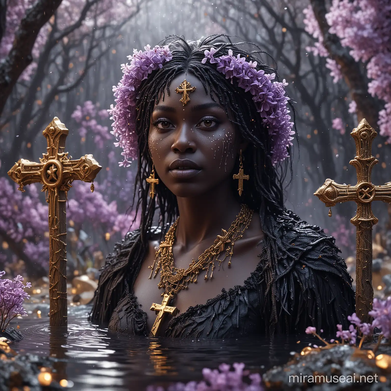Baba yaga, an Haitian voodoo character, the eternal figure in black, controlling the eternal crossroads at which everyone must someday cross over. Her symbol is the cross upon a tomb. Show her against the background of soft lilac tones with golden decorations, drops of water with glitter 8 k, 3 d, best quality, ultra highres, raw foto in hdr, sharp focus, intricate texture, ultra-detailed, natural lighting,