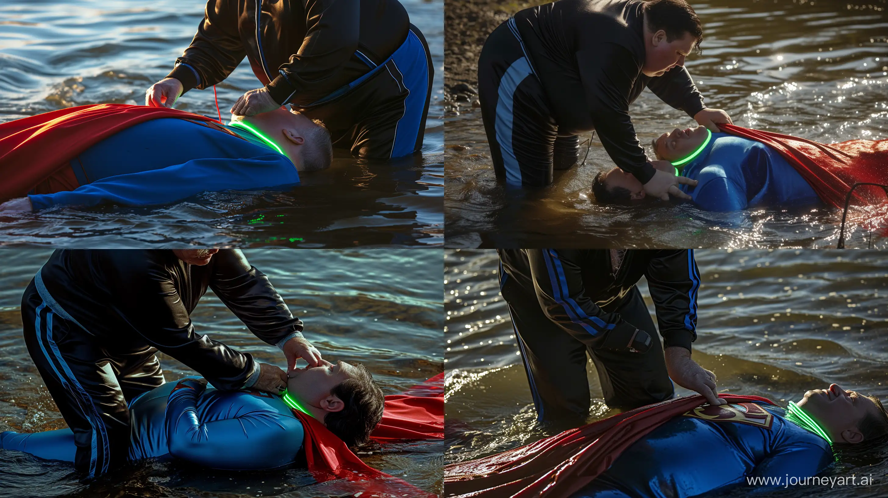 Close-up action scene photo of fat man aged 60 wearing a silk black tracksuit with a royal blue stripe on the pants. He is tightening the cape of a fat man aged 60 wearing a tight blue 1978 smooth superman costume with a red cape and a tight green glowing neon dog collar on the neck lying in the water. Natural Light. River. --style raw --ar 16:9