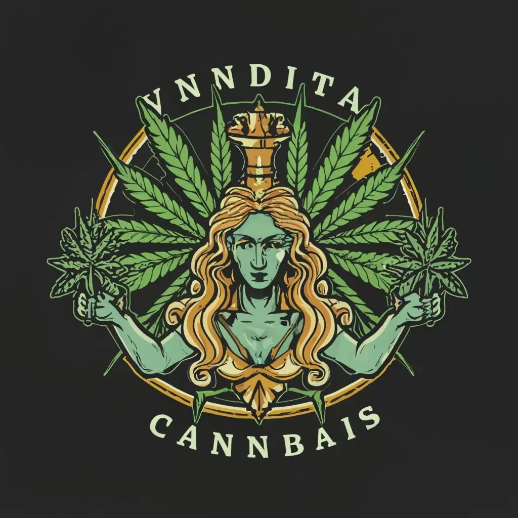 logo, Nemesis Greek goddess, cannabis leafs., with the text "Vindicta Cannabis", typography