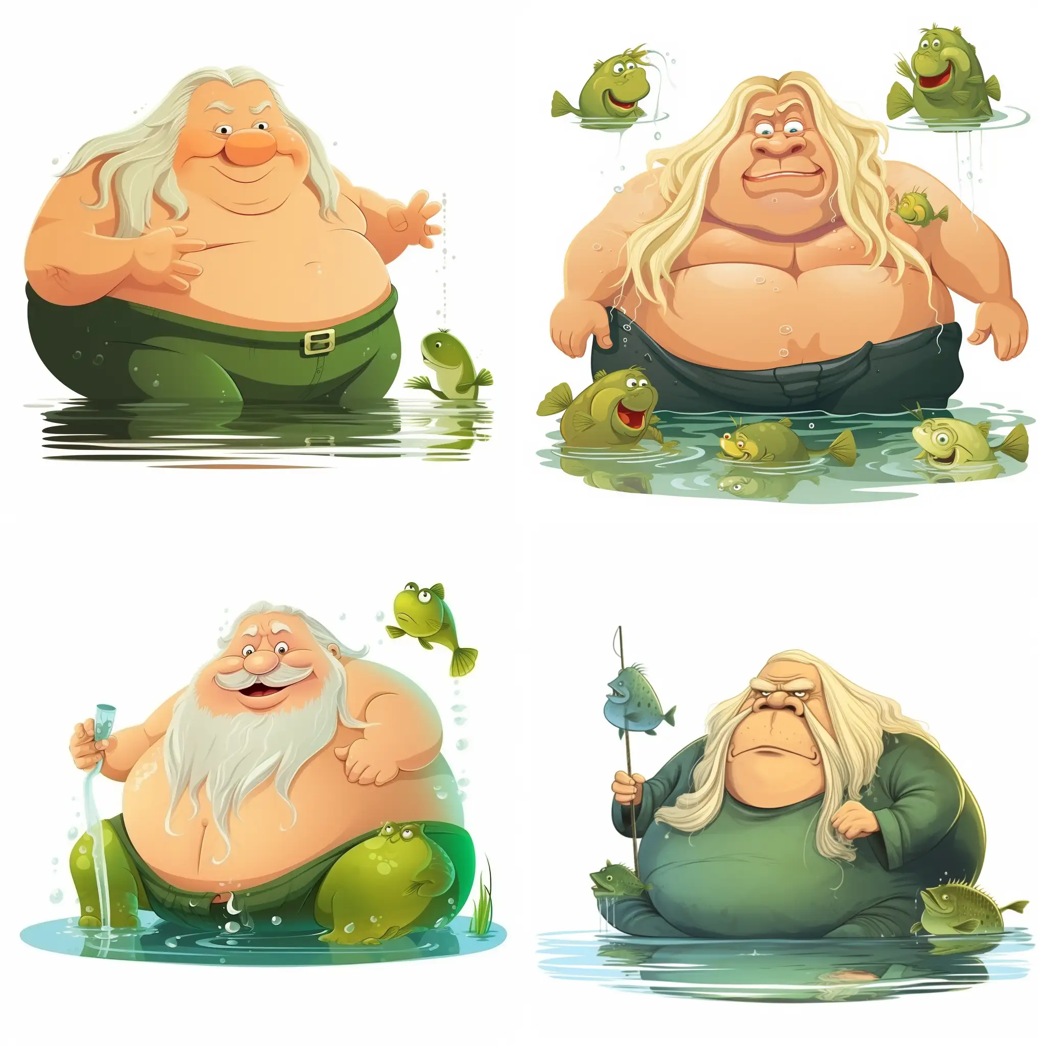 Very fat man, with long green-blond hair, sitting in water, a small frog sitting on his head, fish swimming around. On white background, cartoon style, illustration.