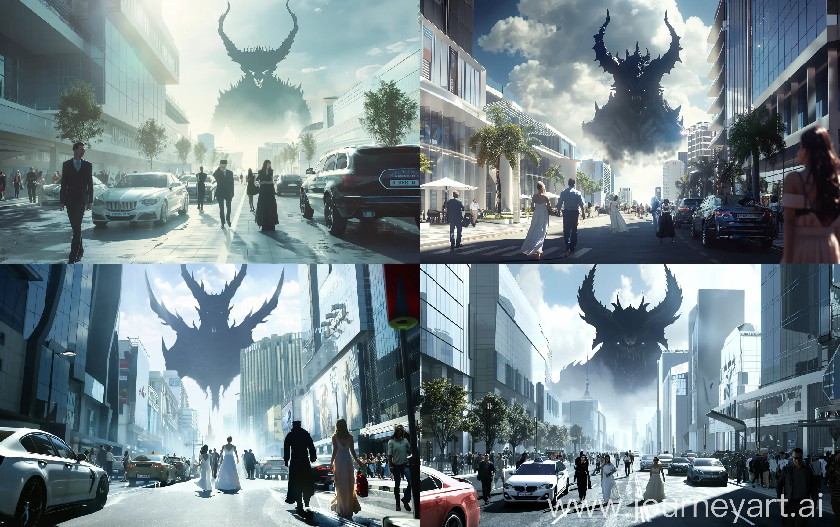 a huge avenue in a modern city, happy well-dressed people on the street, expensive cars on the road, a huge silhouette of a realistic demon in the sky, realistic, cinematic --ar 16:10
