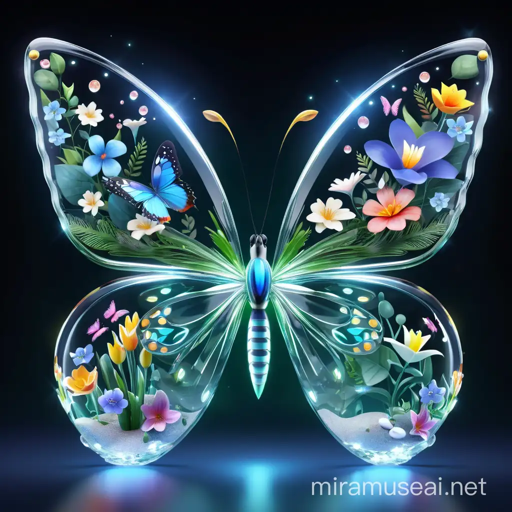 It is a transparent 3D glass butterfly and the background is by the beach and excellent quality 8K Ultra HD
There are many colorful flowers and green plants inside this beautiful butterfly, and a small fairy is flying above the flowers, and there is a beautiful swan bird inside.