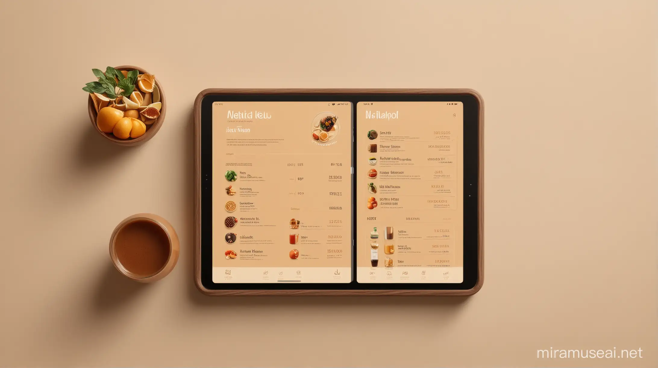 Digital menu, earth tone, tablet app, health juice drink, figma, 4K, modern minimalis, imagine