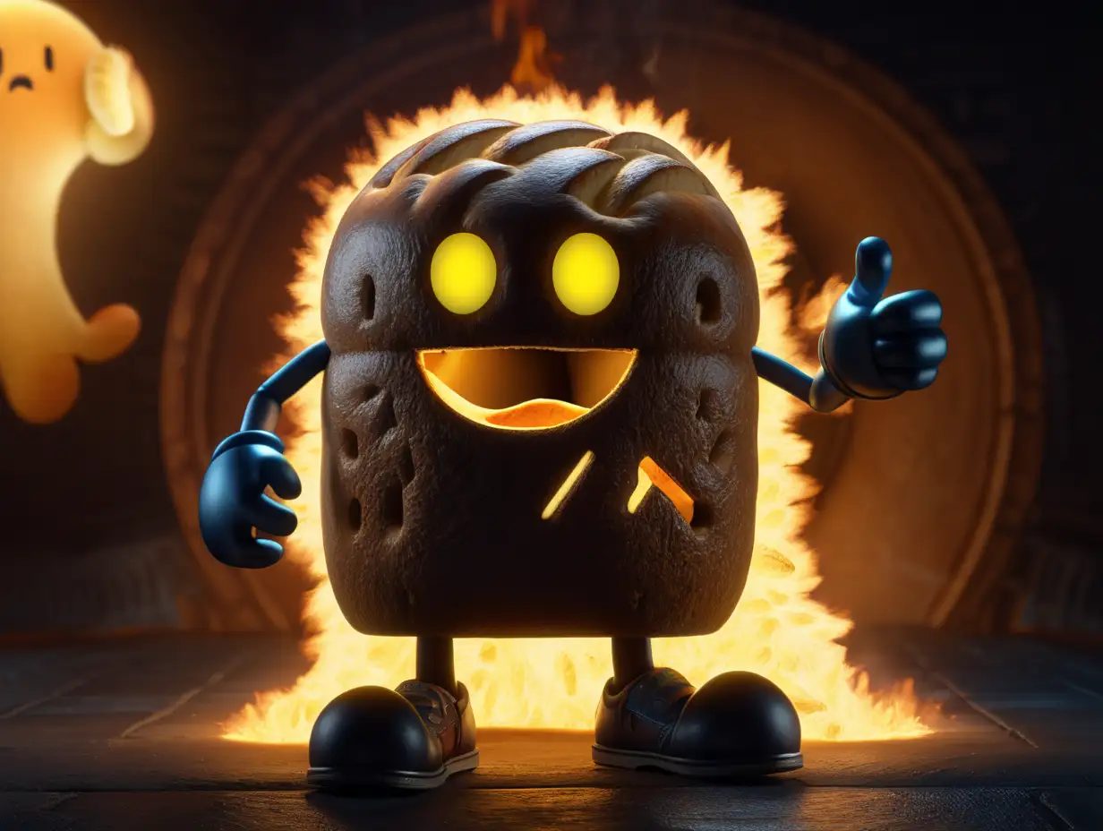 Pacman with arms and legs, dressed in rocker clothes
a character in the form of a round head with arms and legs made of bread, made of bread, dressed in rocker clothes, comes out of the flame of a black oven, cinematic lighting of fary tale, 16k, high detail —v 5.2 intricate details. —stylize rendering 750 —v 5.1 A,