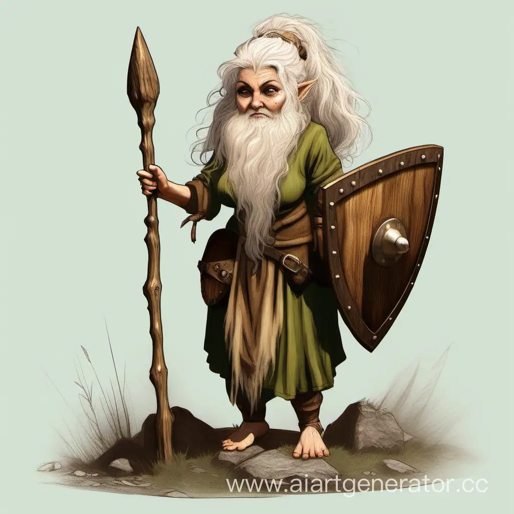 Gnome Woman Druid with Wooden Shield and Battle Staff | AI Art Generator