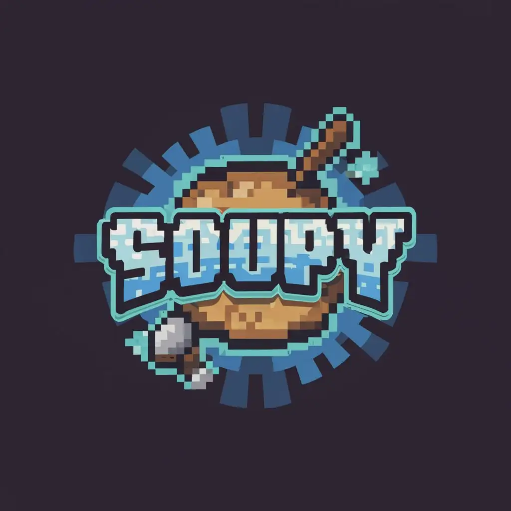 a logo design,with the text "Soupy", main symbol:minecraft soup pvp light blue dark blue,Moderate,clear background