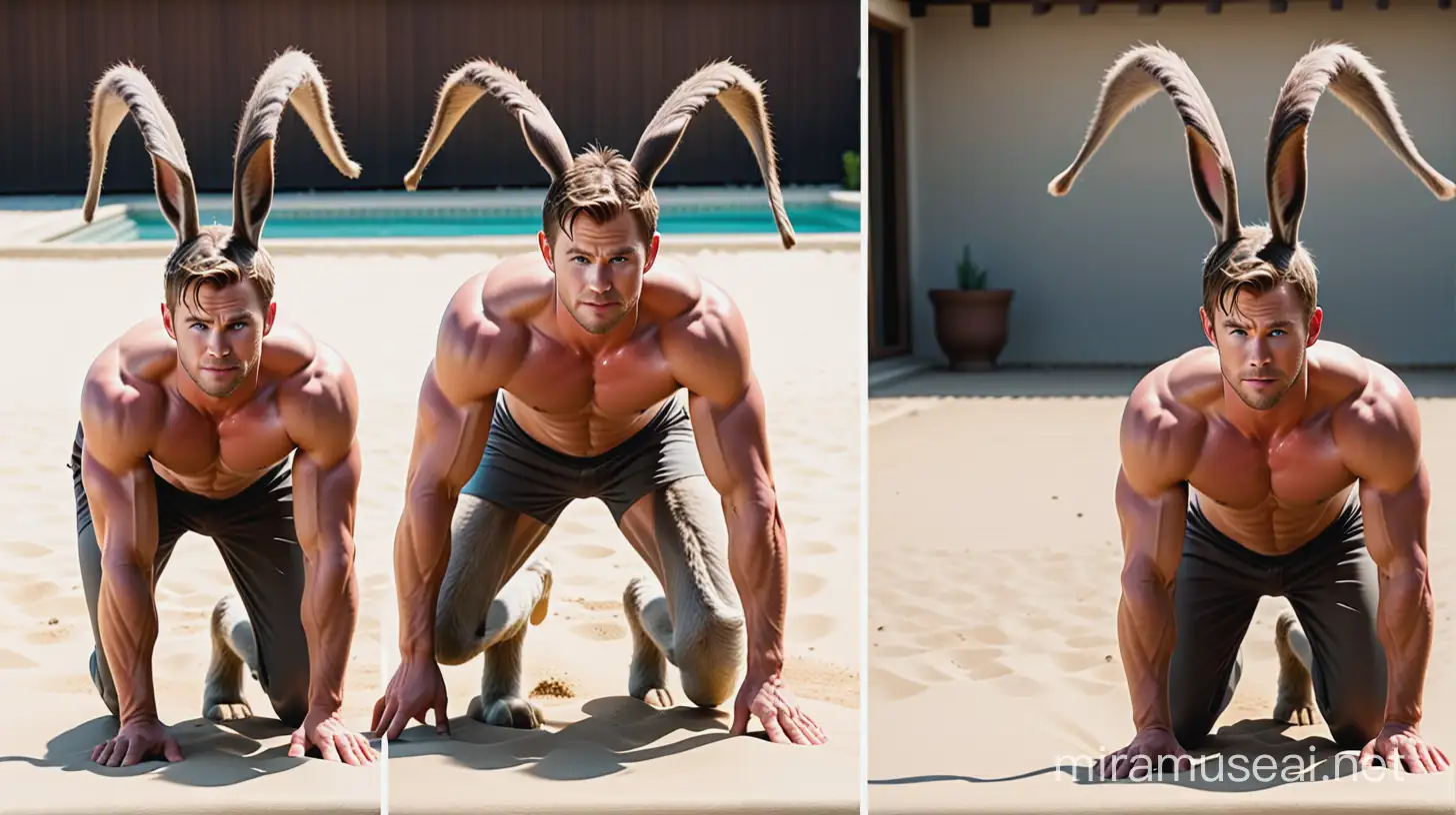 Chris Hemsworth on all fours transforming into a donkey. He has donkey ears. He has donkey legs. He has donkey hooves. He has a donkey tail. He has a complete donkey body. And he's braying like a donkey. But his head is human.