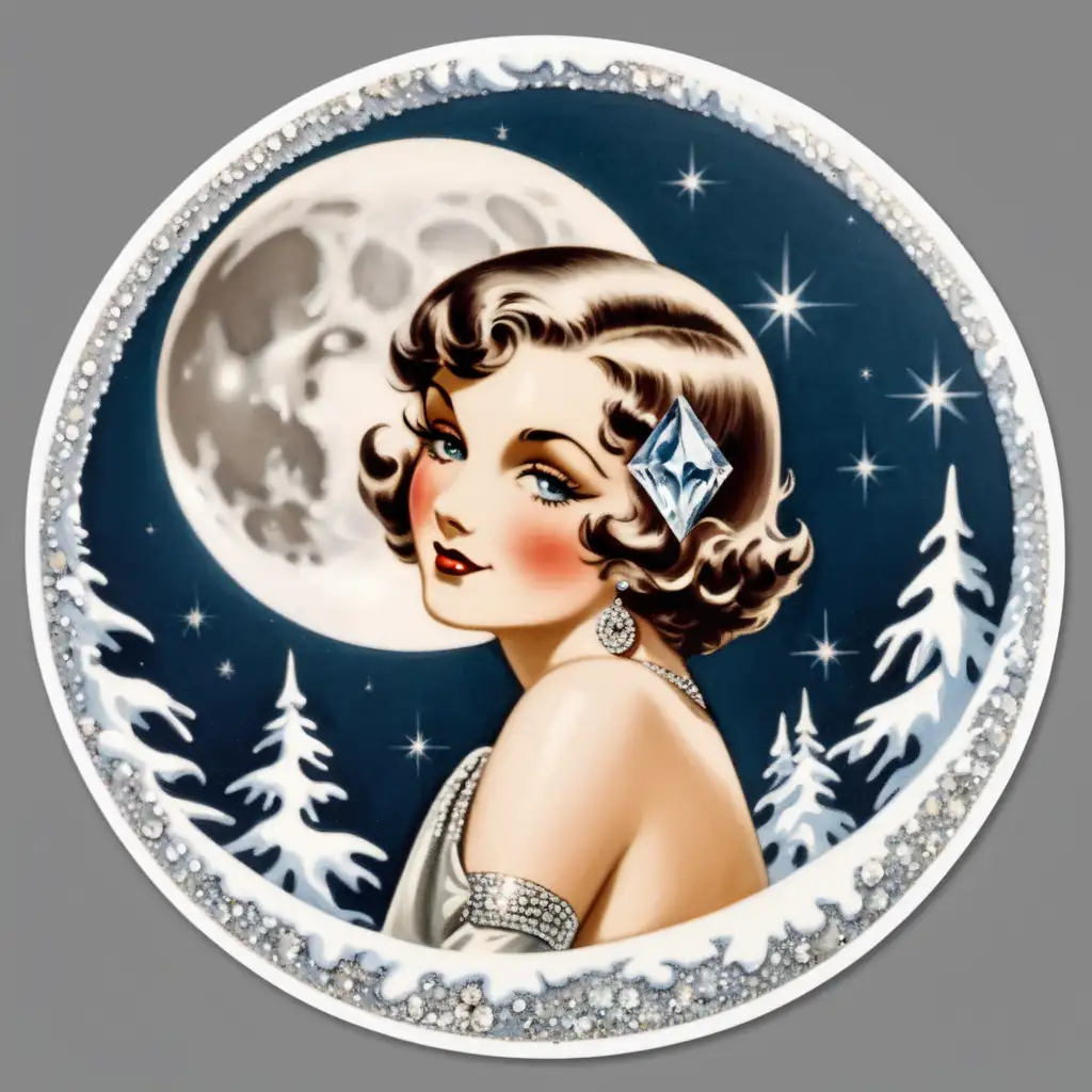 1930s Glamour Lady Adorning Winter Moon with Diamond Sticker