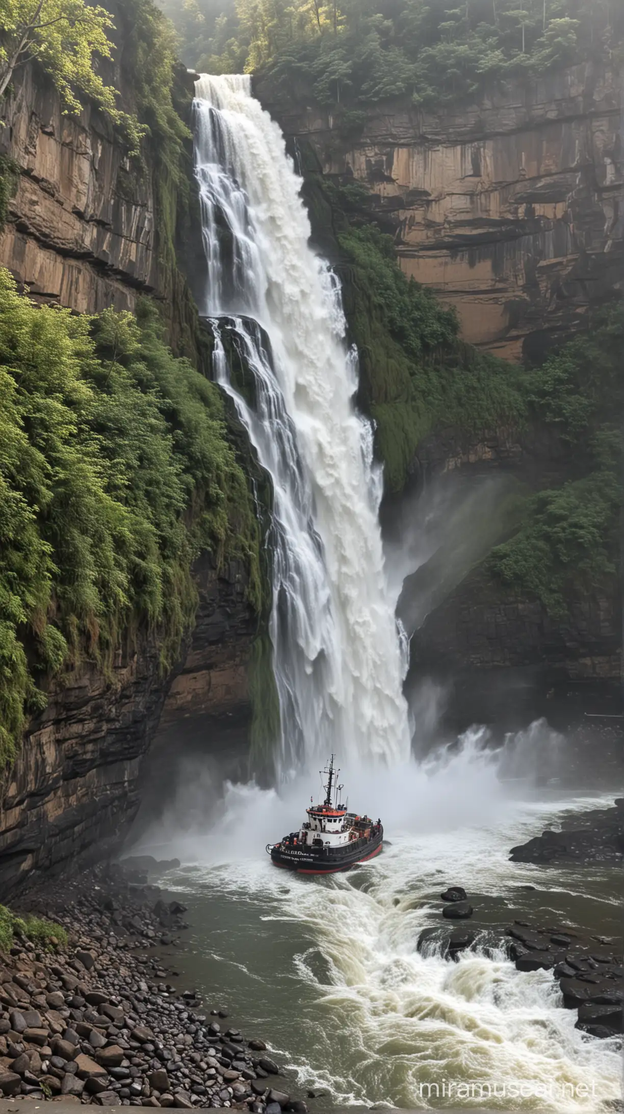 Tugboat Plunging from Majestic Waterfall