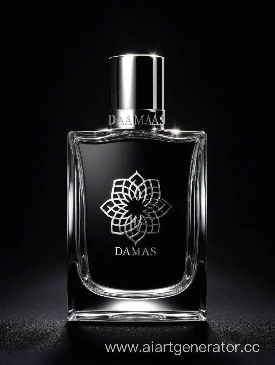 A luxurious (((silver and dark matt black perfume))), crafted with intricate 3D details reflecting light around a ((black background)), with a elegant ((Damas text logo))