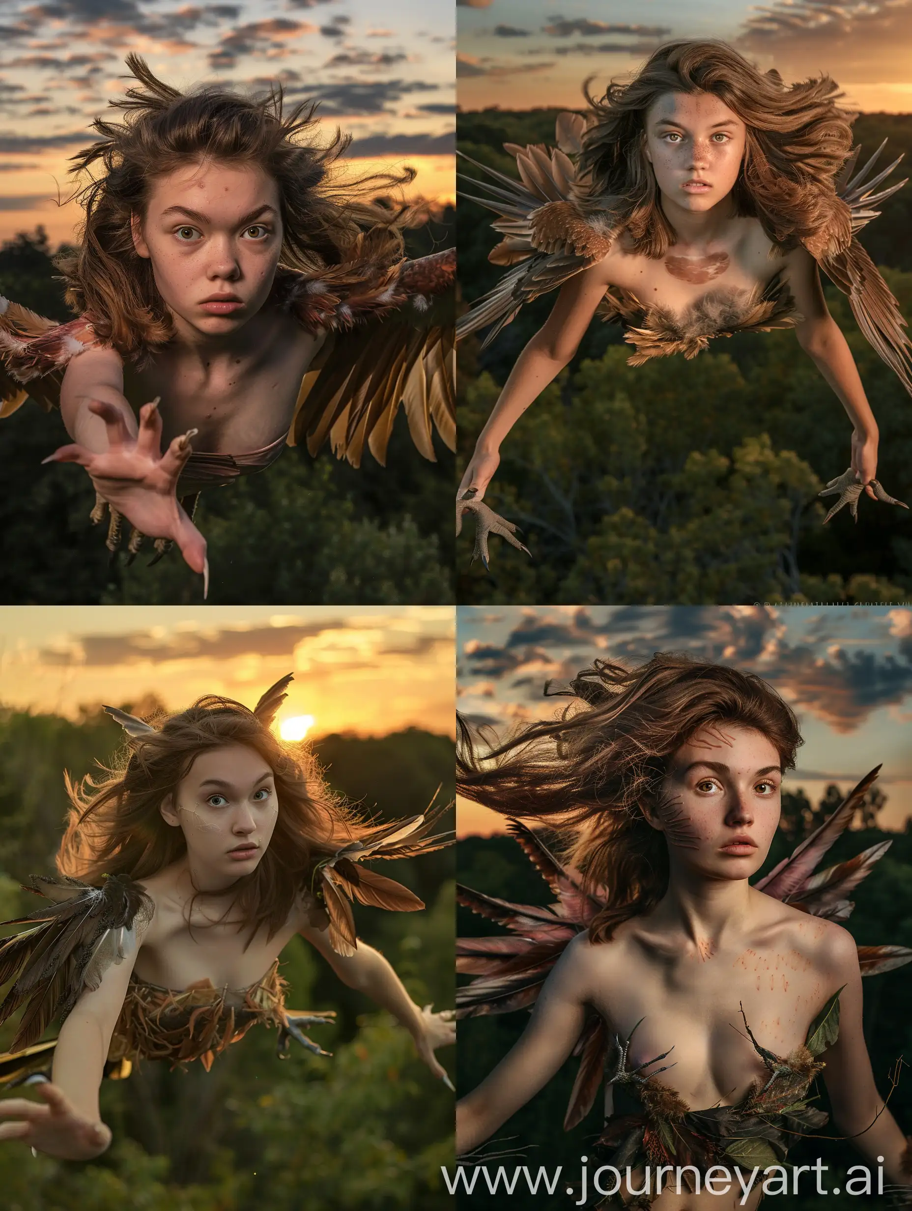 A young woman with loose brown hair, who has been transformed into an robin. She has loose brown hair and a chest. She has a beak, claws, wings and feathers. She has claws for feet. She is flying over a forest at sunset. Realistic photograph, full body picture