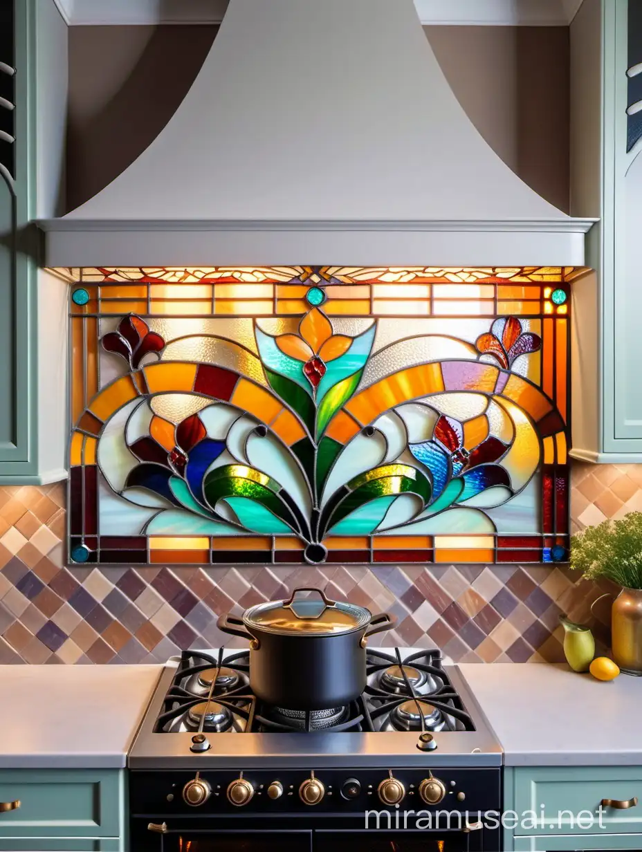 витражная композиция на кухонной стене возле плиты , в стиле ар нуво, из цветного стекла тиффани