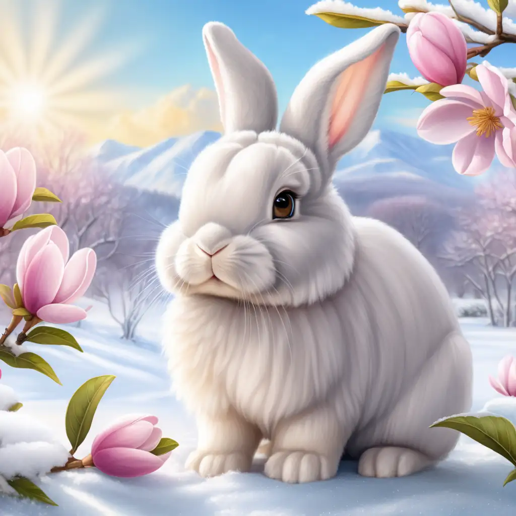 Adorable LopEared Bunny Surrounded by BiColored Magnolias on a Beautiful Snowy Winter Day
