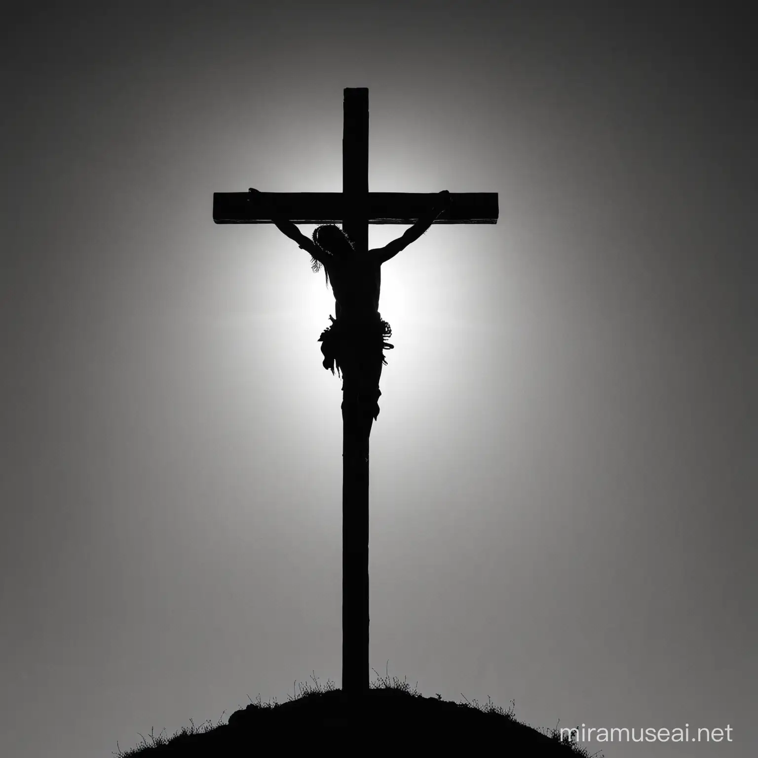 Jesus on the cross as a sillouette, 2 crosses next to his cross
