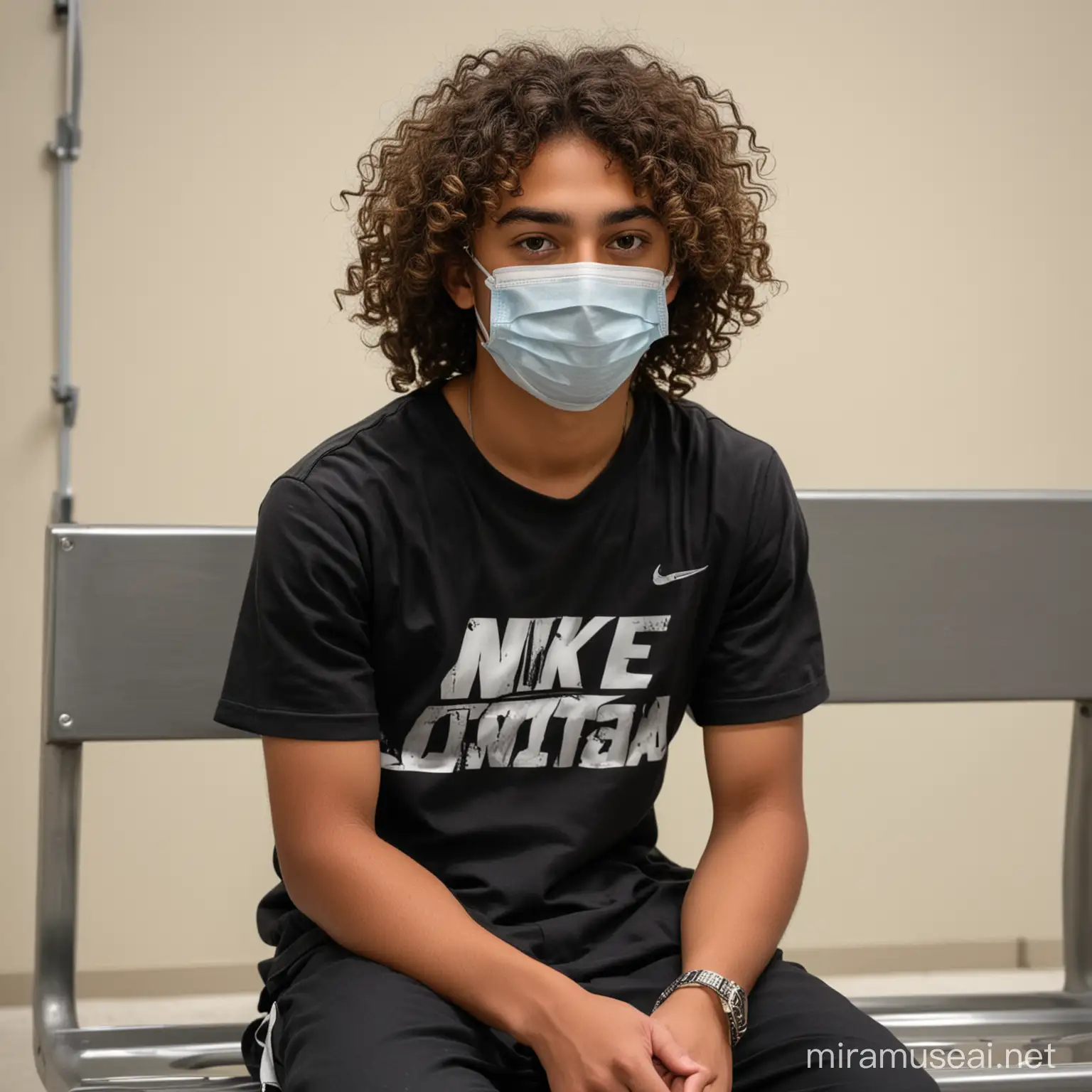 brown boy with long curly hair sit on a metal bench wearing a mask and a nike black shirt while waits in room full of people in a hospital
