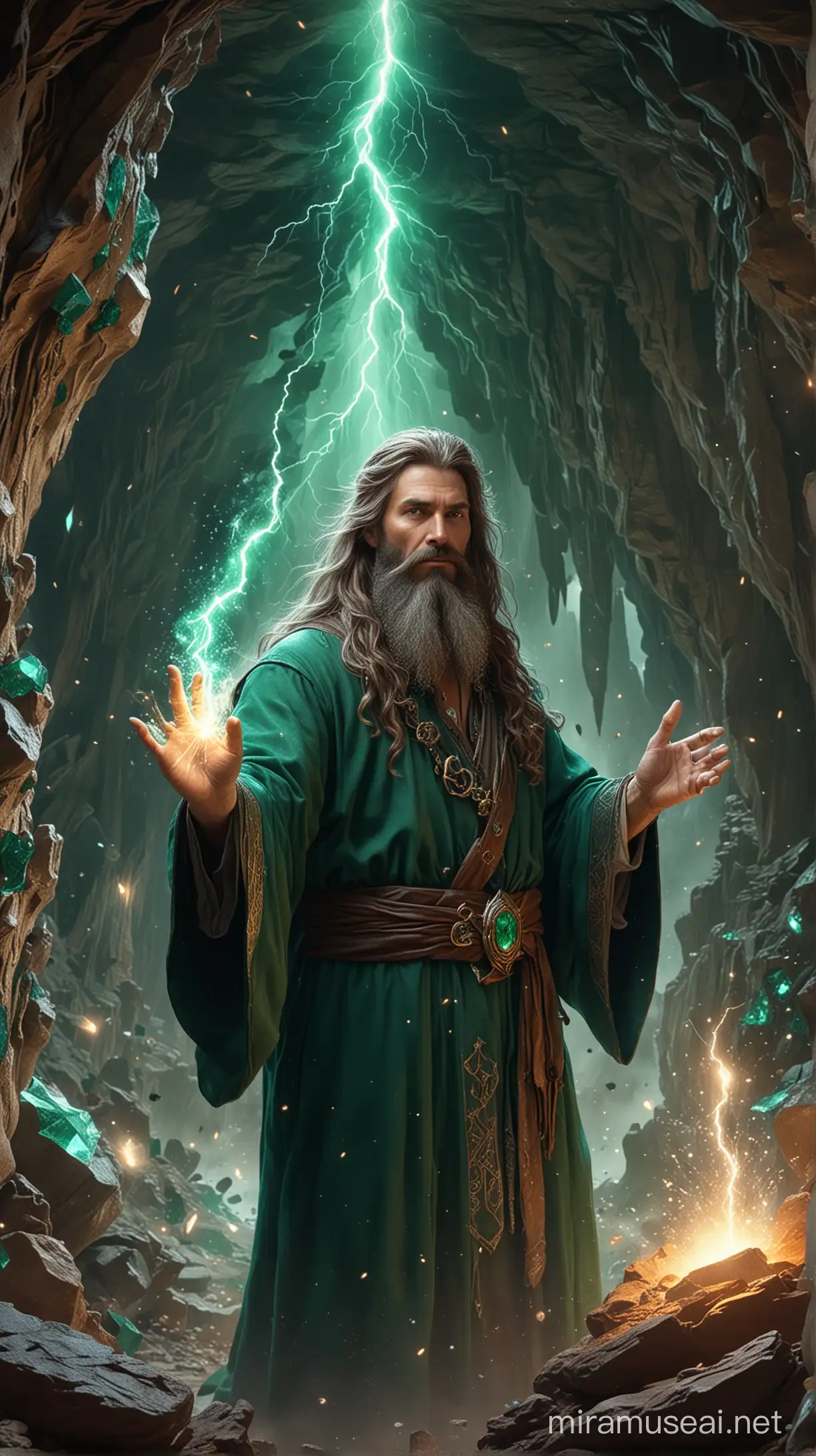 16k, high detail, beautiful, Wizard 40 years old with a beard and long brown hair conjuring, lightning bolts bursting out of his hands, the background is a very beautiful cave with large emerald crystals