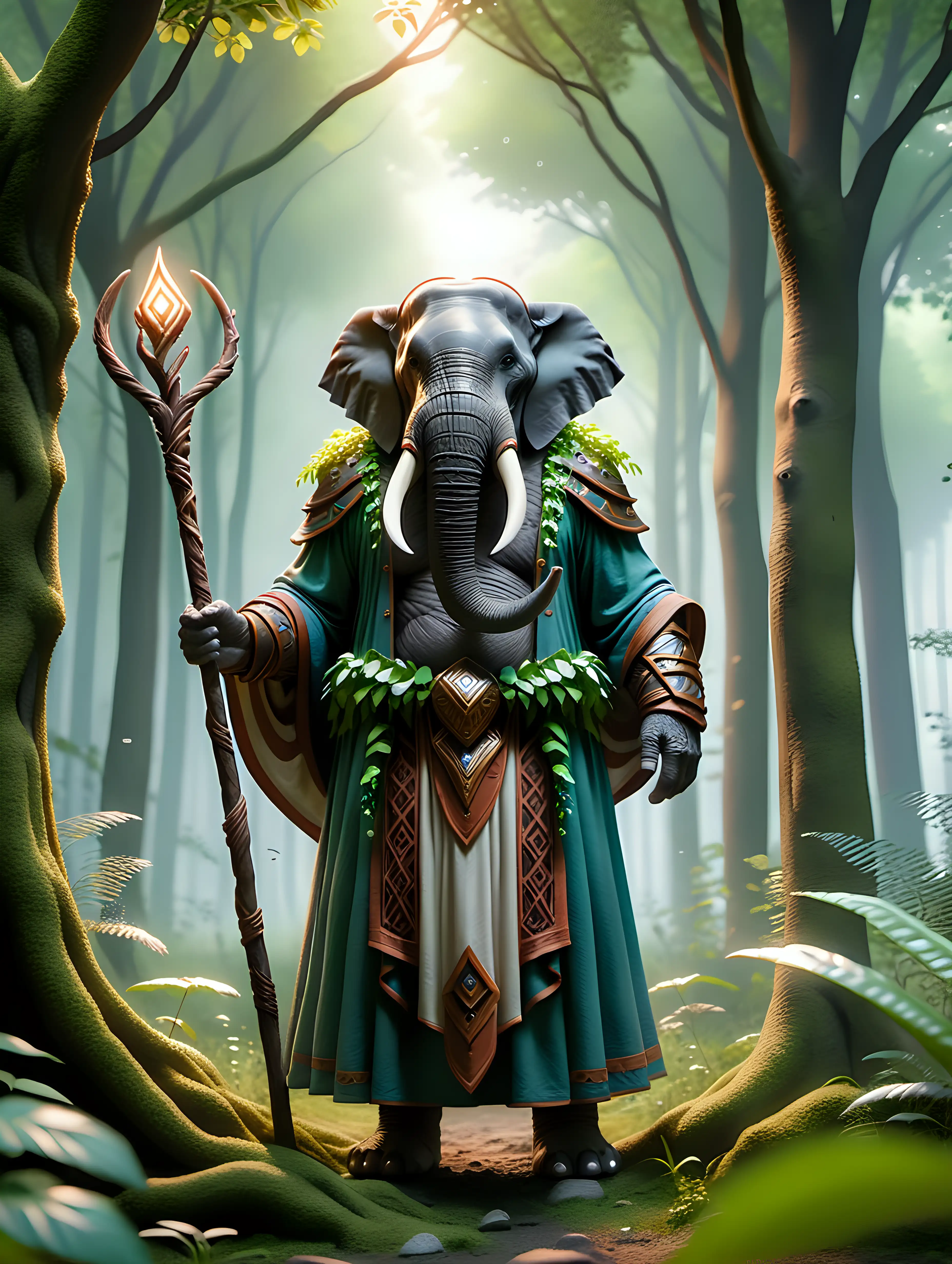 loxodon humanoid druid with staff in a glade