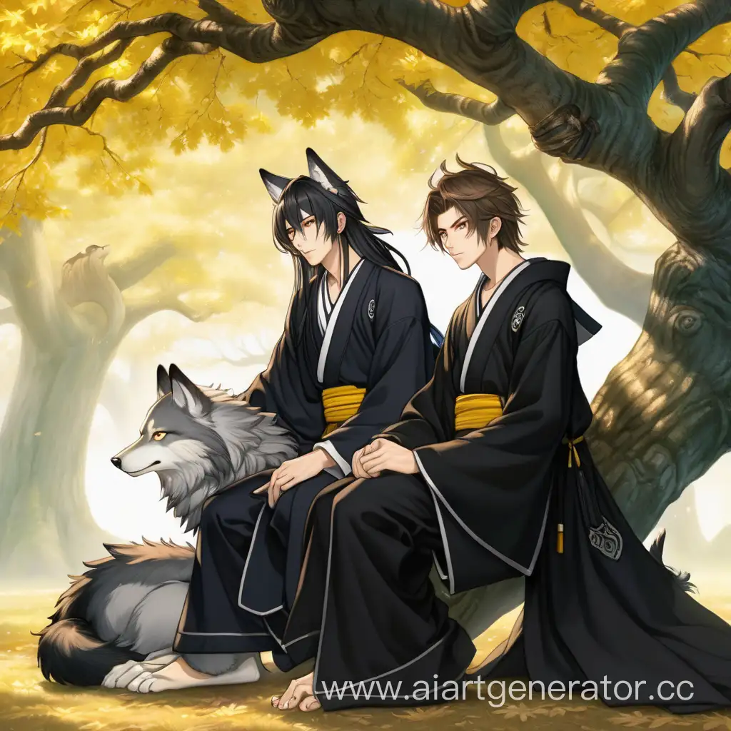 Young-Man-in-Black-Hanfu-with-Wolf-Ears-and-Tail-Stands-Under-Tree-Another-Sits-on-Branch