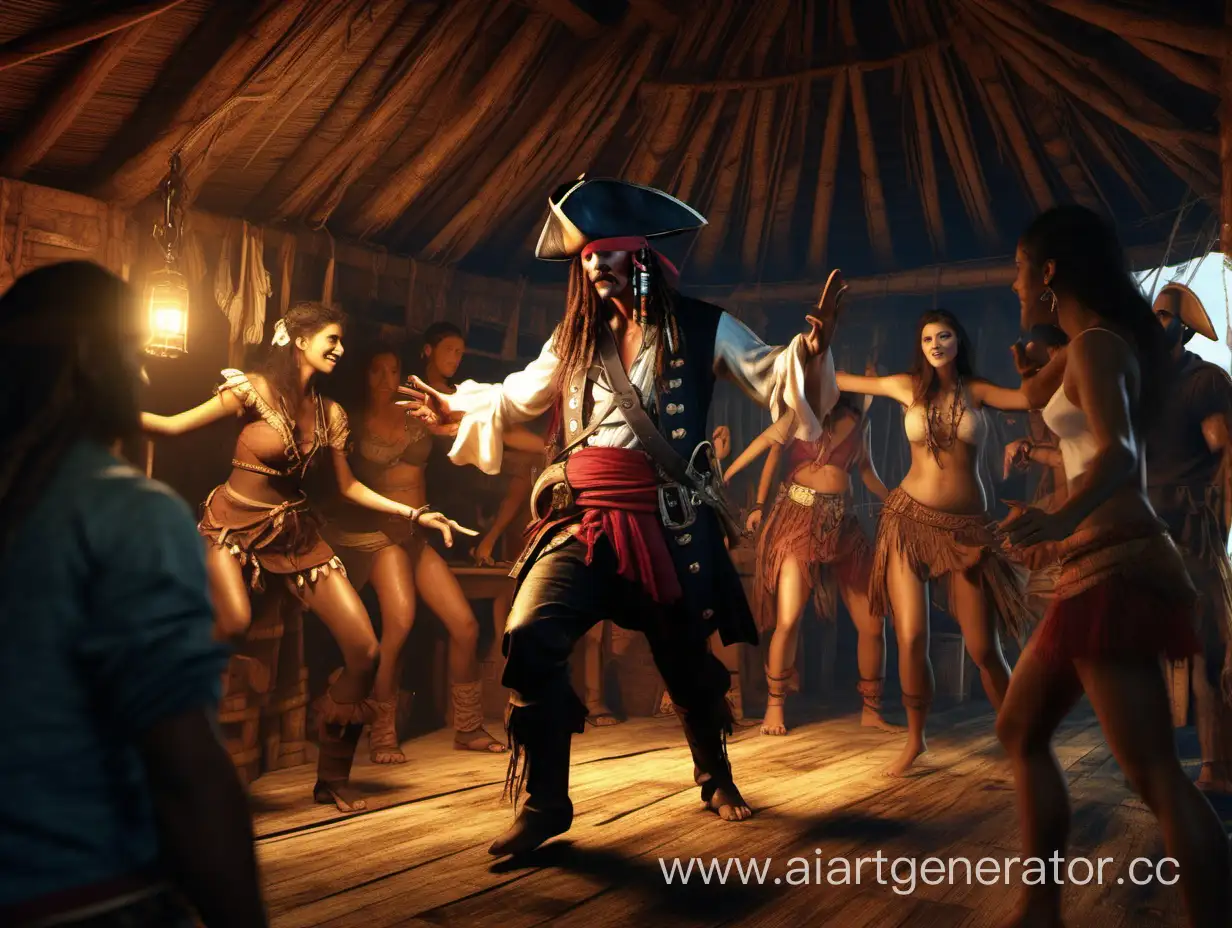 Пират с индейцами танцует в хижине, девушки, 4K, кинематографический свет, гиперреалистичность, сверхдетализация, реализм, фотореалистичный стиль