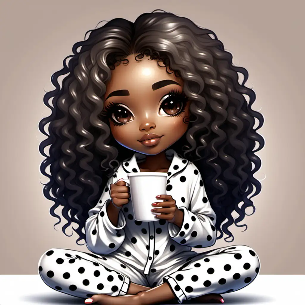 Black Woman Cozy Chibi Girl , long loose curly hair. holding a white cup of Coffee, with polka dot silk pajamas