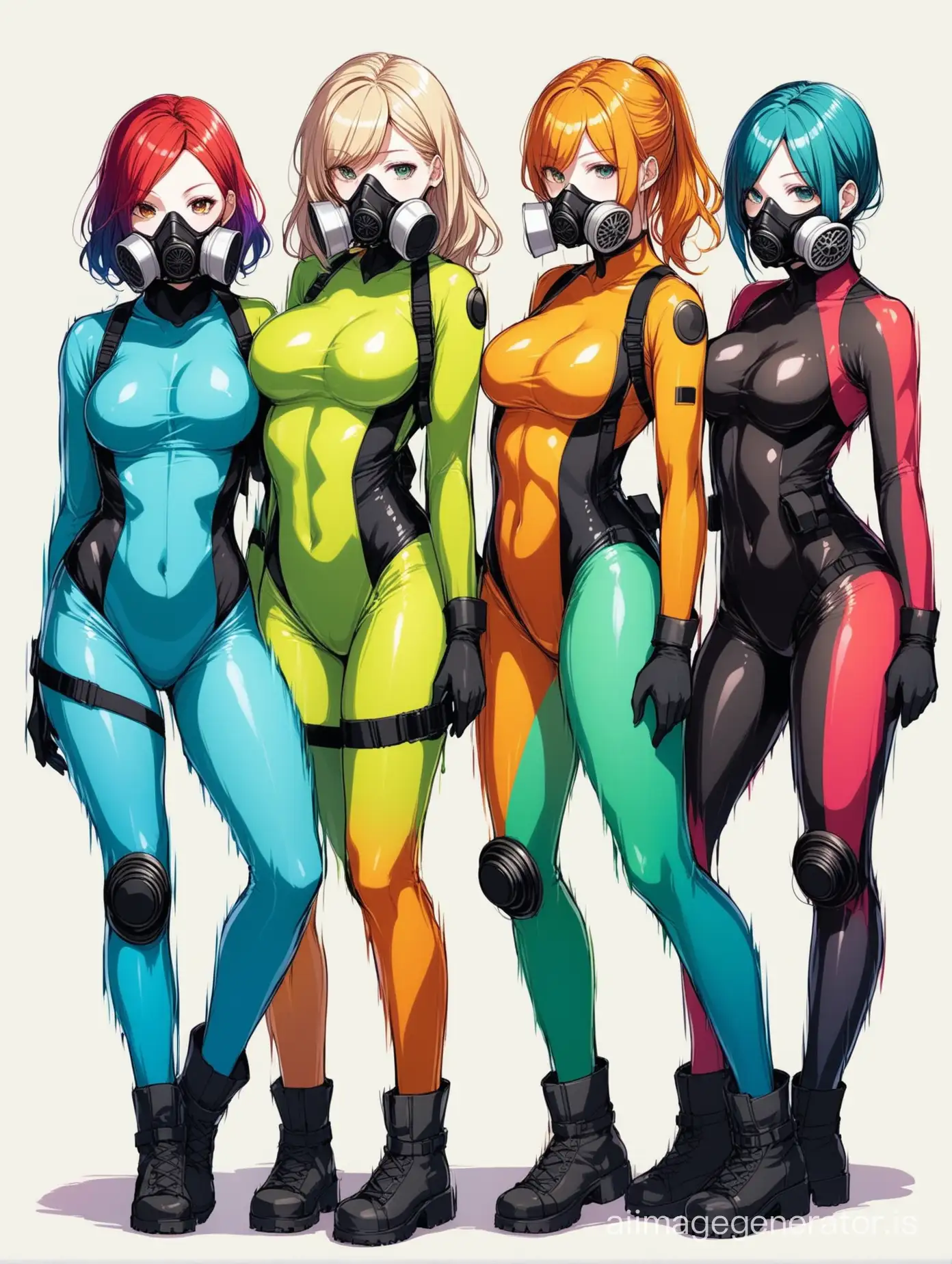 Four girls,all have different hair styles and colors, wearing multicolored bodysuit and gas mask, 