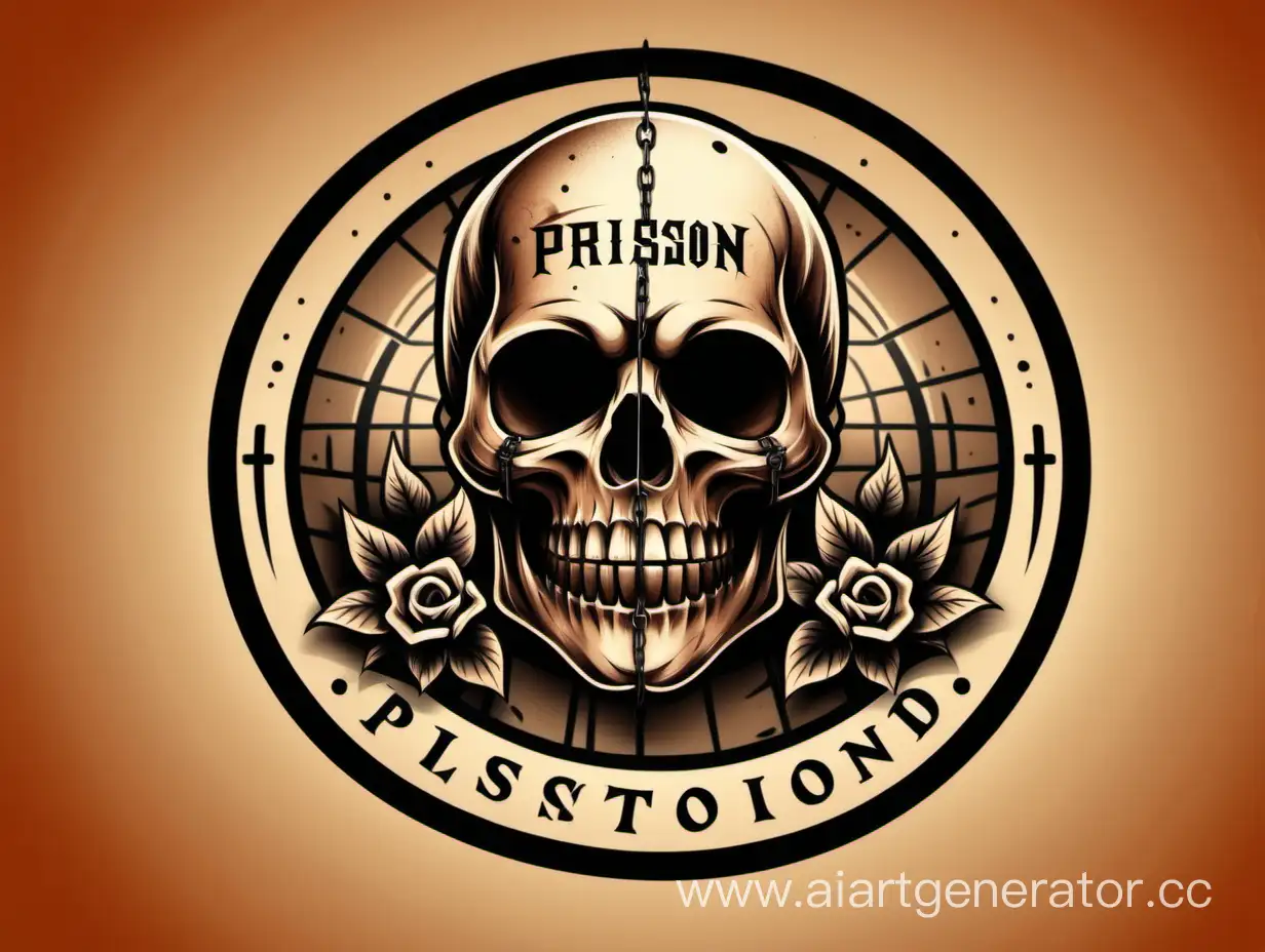 Логотип для игры про тюрьму, без надписей, FullHD, в тёплых оттенках,  с черепом заключённого с татуировками, круглый логотип