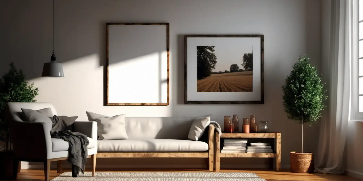 Cozy Farmhouse Living Room with Wooden Poster Mockup