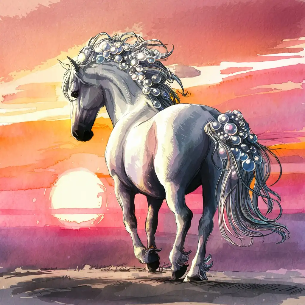 Graceful White Horse Walking into Sunset in Ink Art Style