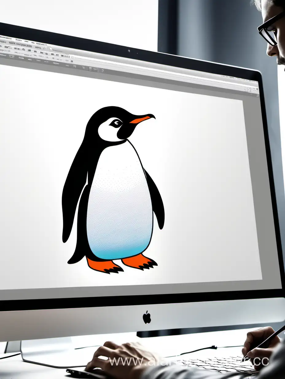 дизайнер  работает на компьютере в графическом редакторе создает рисунок пингвина
